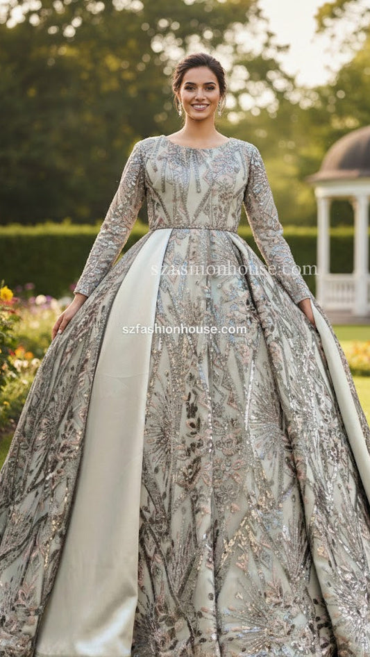 Woman in a floral gown standing in a garden