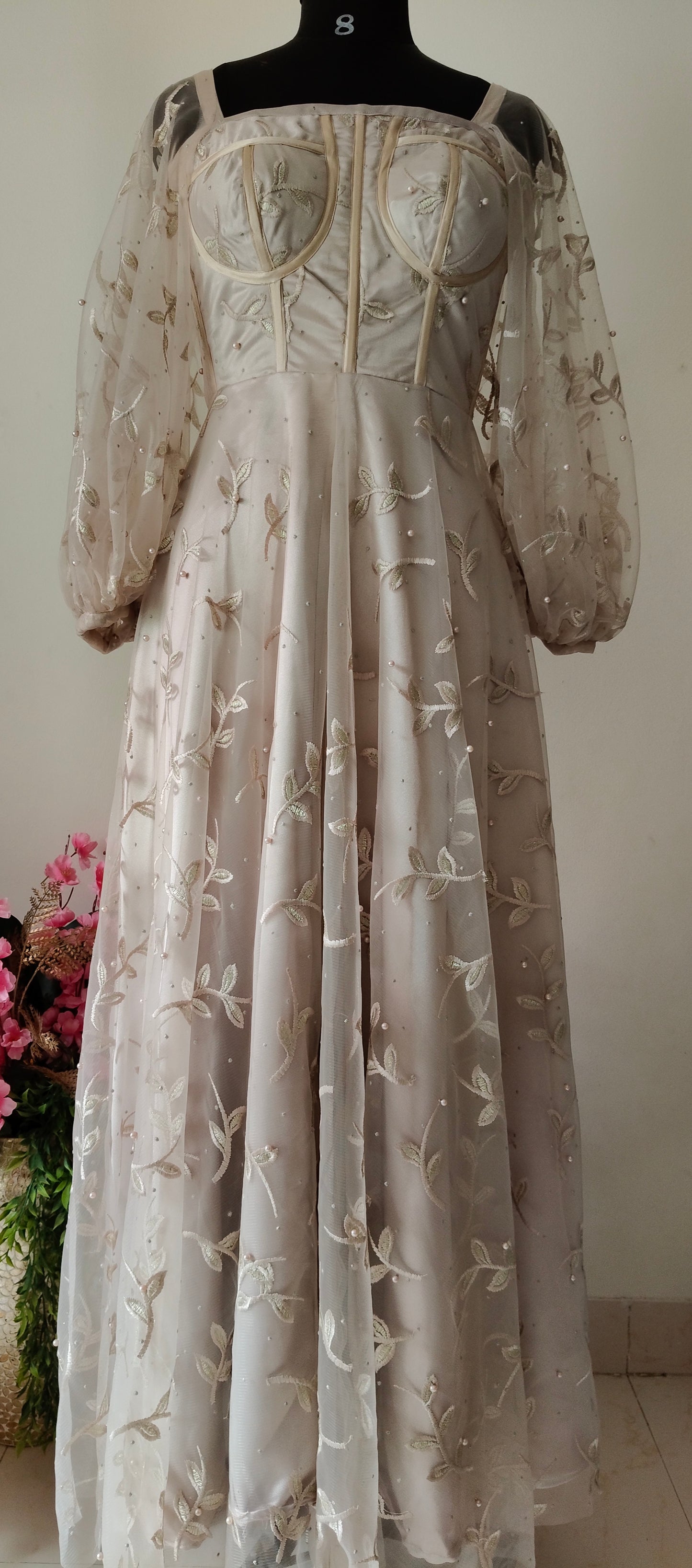 Metallic Cream Embroidered Corset Gown with Balloon Sleeves – Size M