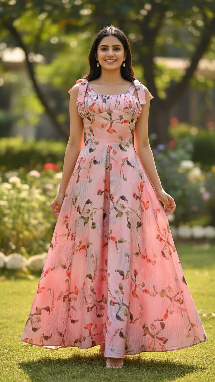 Pink Floral Satin Corset Gown with Tie-Strap Sleeves Size M | Women's gowns | gown for women party wear S&Z Fashion House Pink Floral Satin Corset Gown with Tie-Strap Sleeves Size M | Women's gowns | gown for women party wear S&Z Fashion House