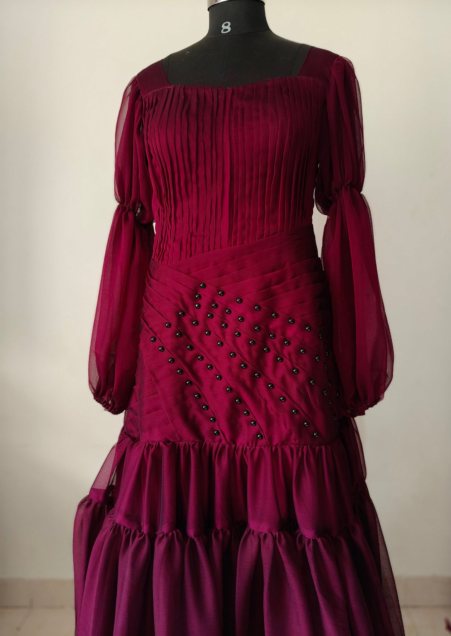 Maroon evening gown with intricate detailing - Long Sleeves - gown for women party wear | cocktail gowns | long party dresses for women