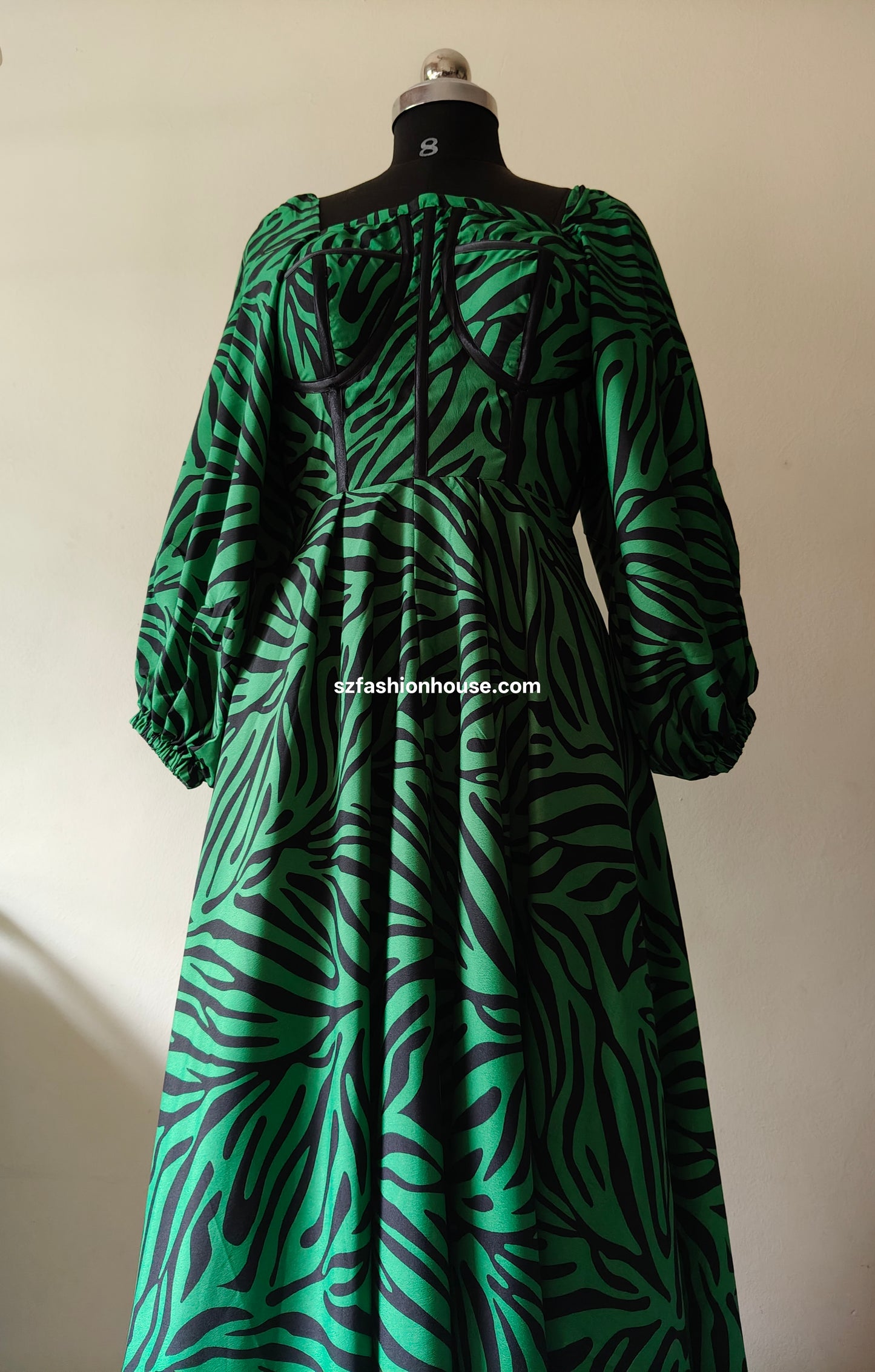 Emerald Zebra Corset Gown with Puff Sleeves – Size M