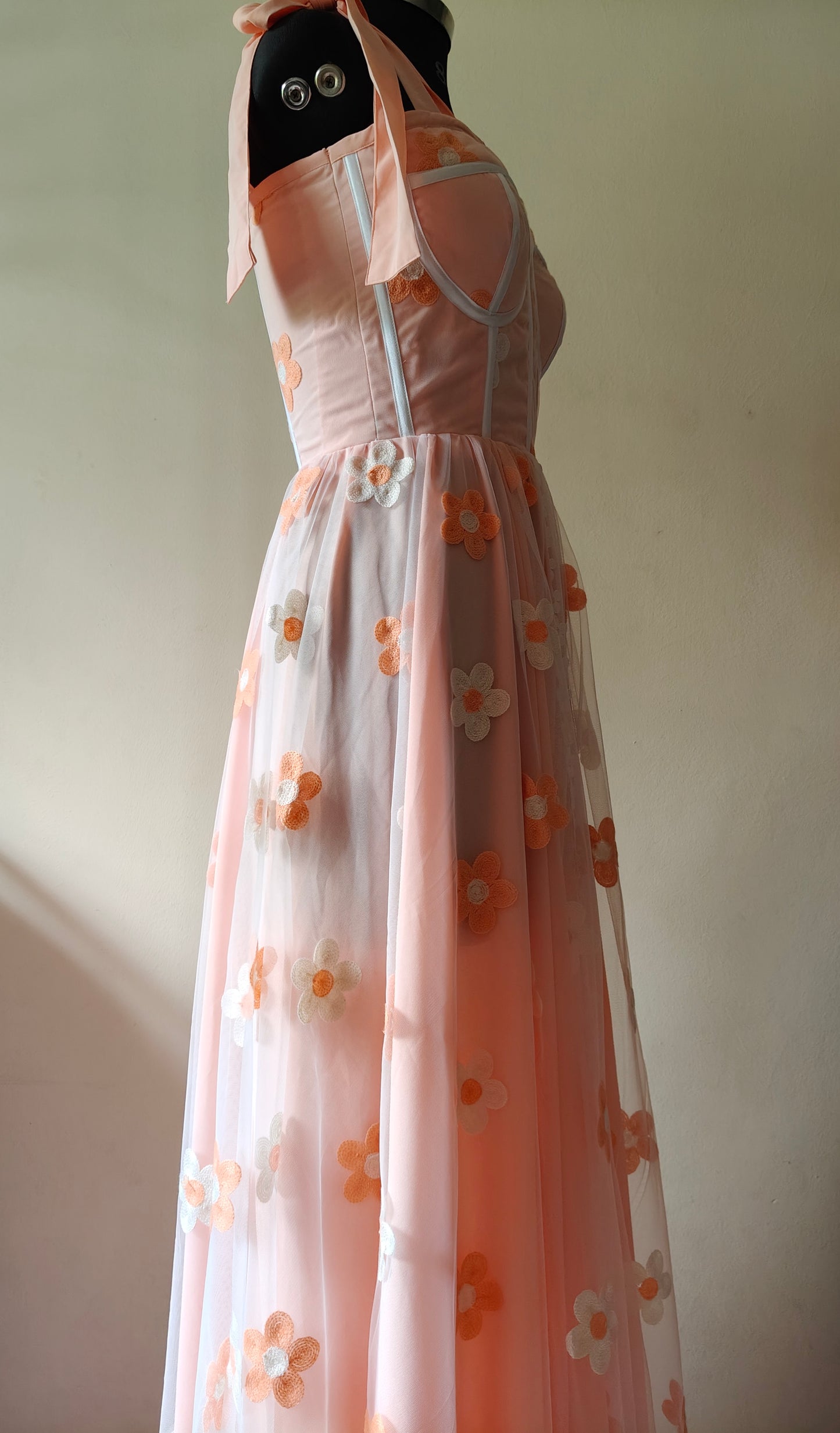 Peach & White Floral Embroidered Corset Gown – Soft Net with Crep Lining | Size M