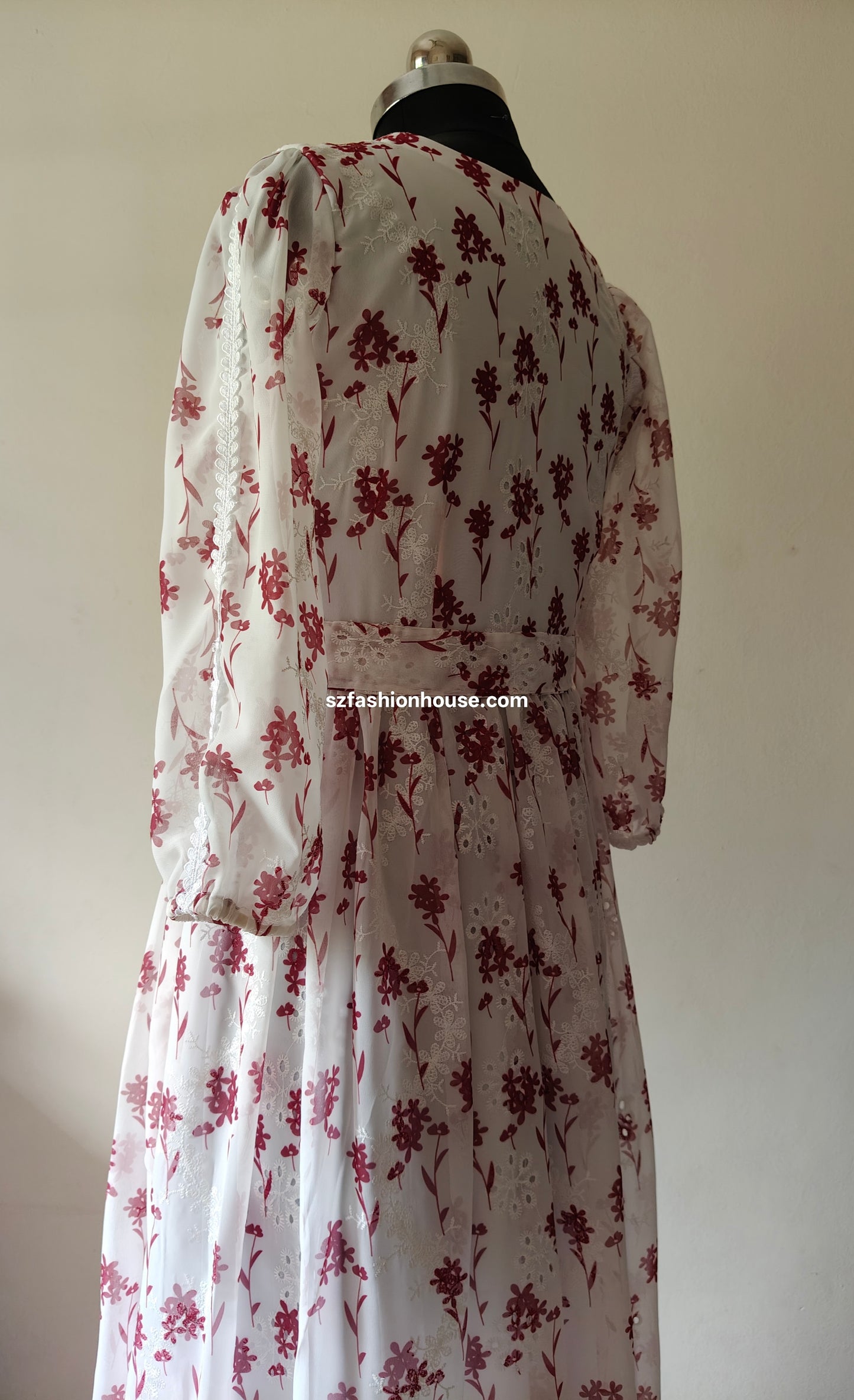 White and Maroon Floral Embroidered Gown with Lace Detail – Size M