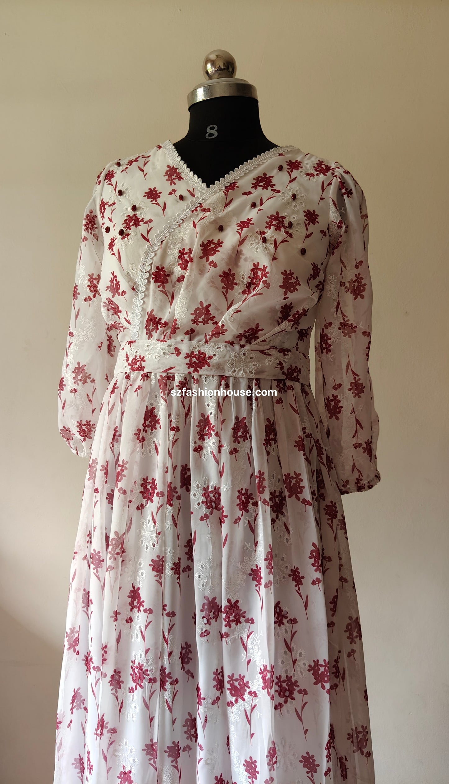 White and Maroon Floral Embroidered Gown with Lace Detail – Size M