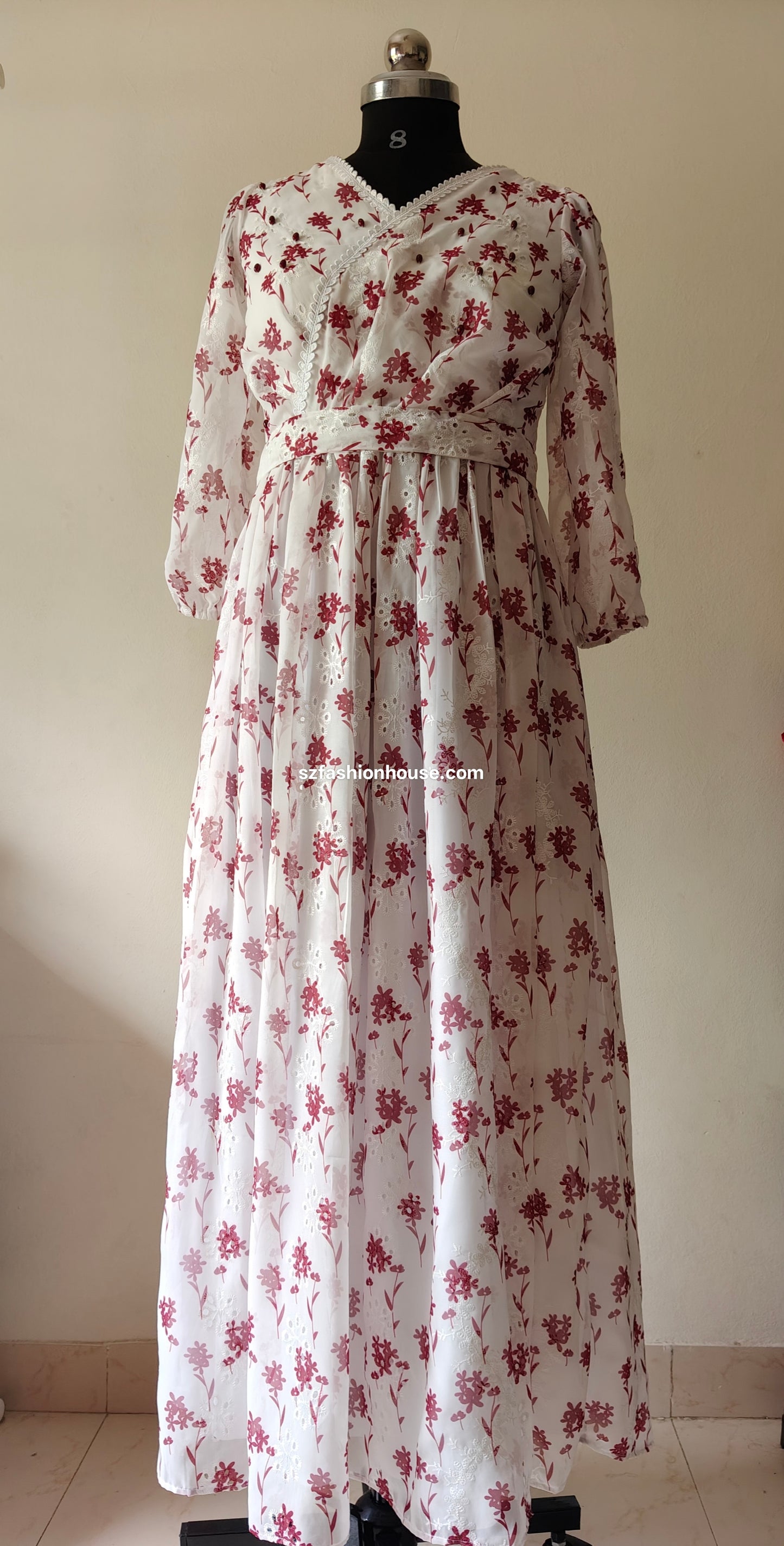White and Maroon Floral Embroidered Gown with Lace Detail – Size M