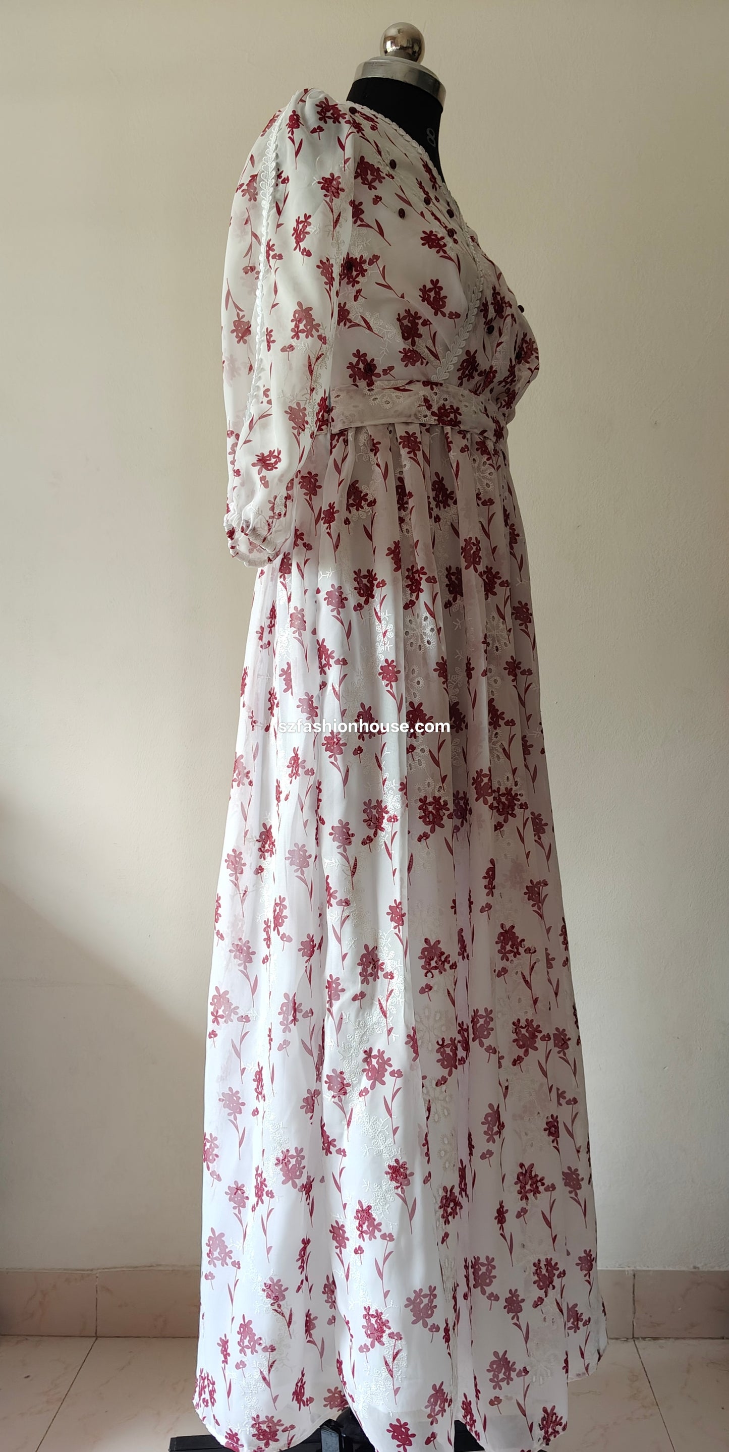White and Maroon Floral Embroidered Gown with Lace Detail – Size M
