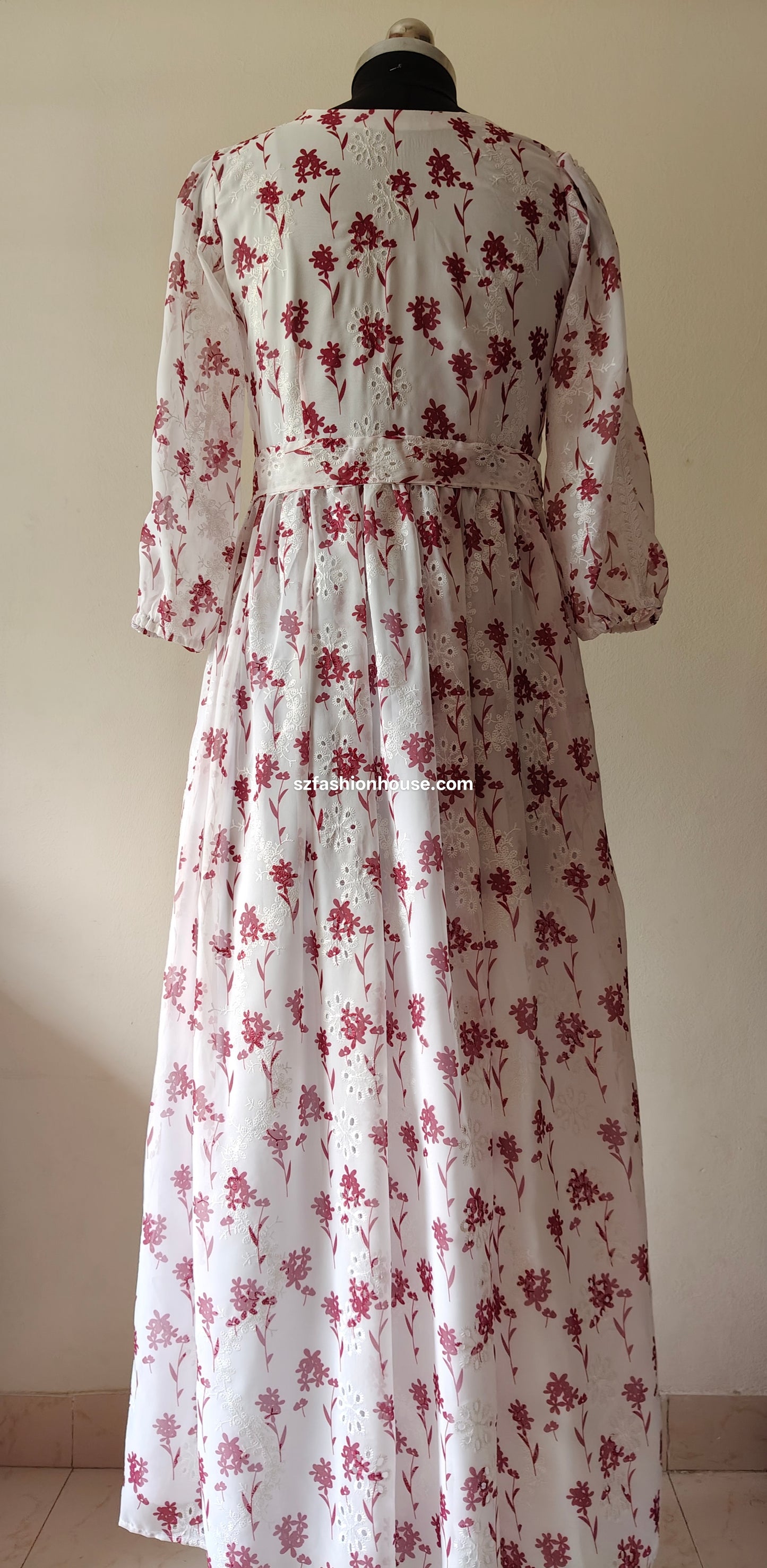 White and Maroon Floral Embroidered Gown with Lace Detail – Size M
