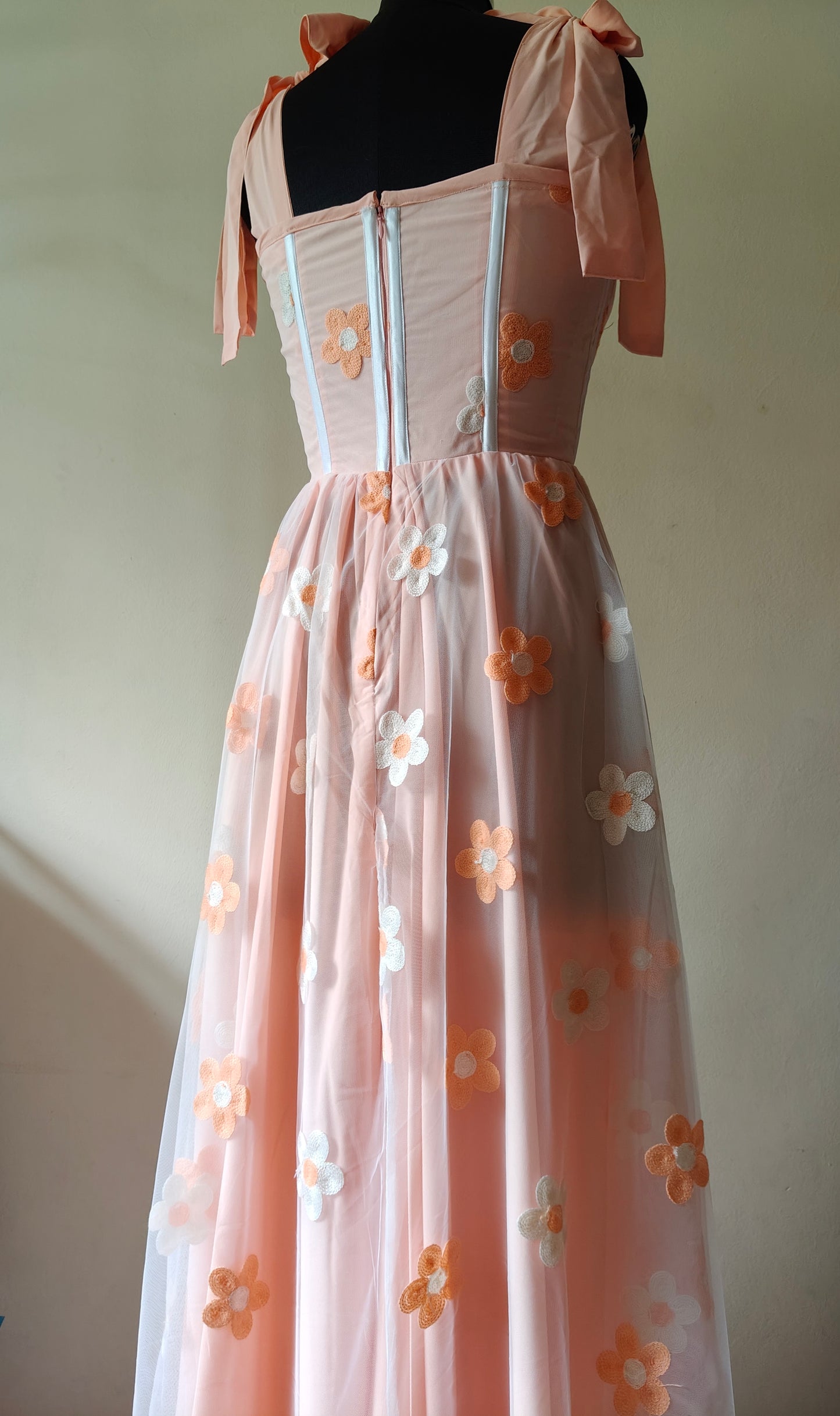 Peach & White Floral Embroidered Corset Gown – Soft Net with Crep Lining | Size M