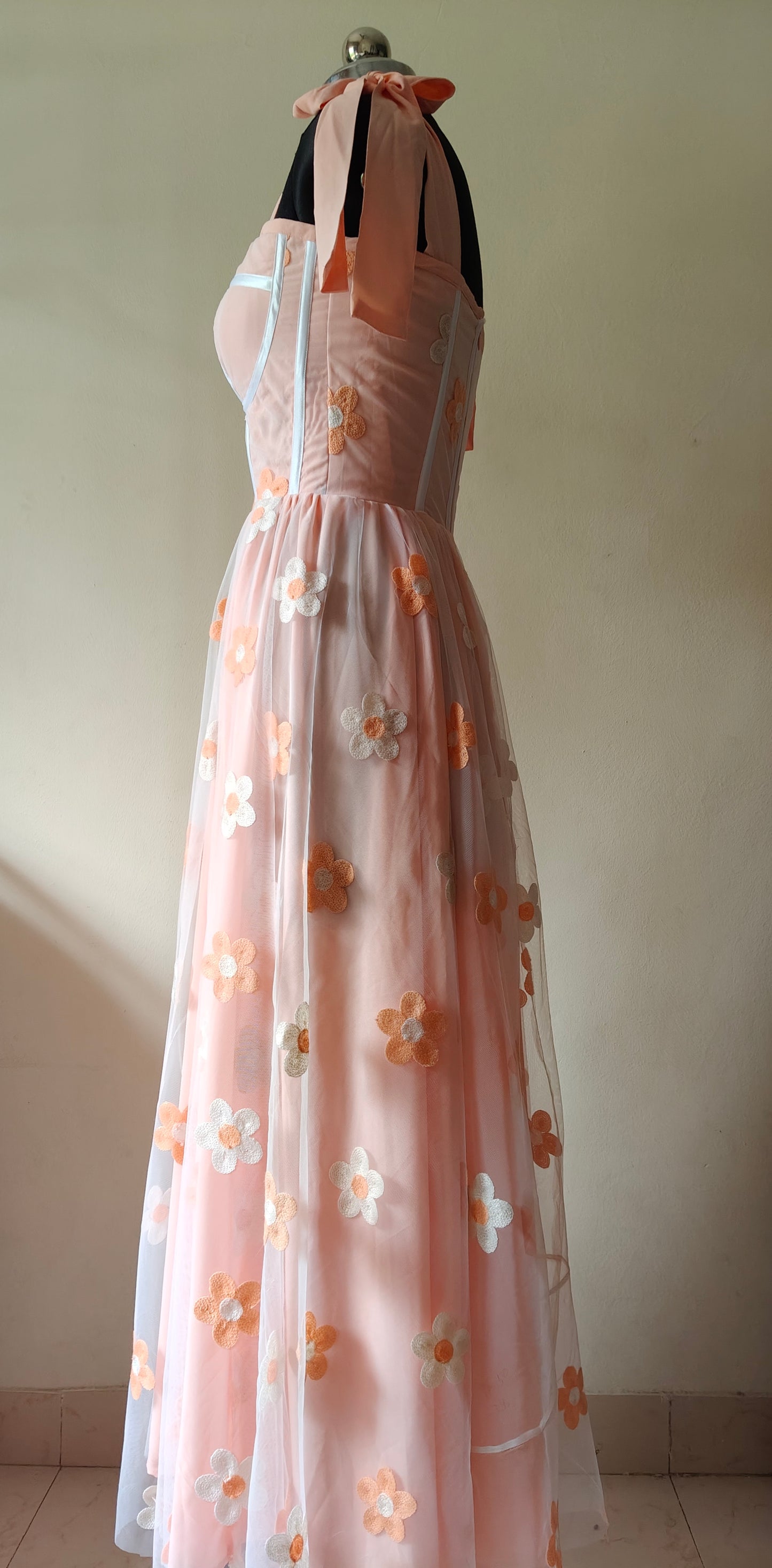 Peach & White Floral Embroidered Corset Gown – Soft Net with Crep Lining | Size M