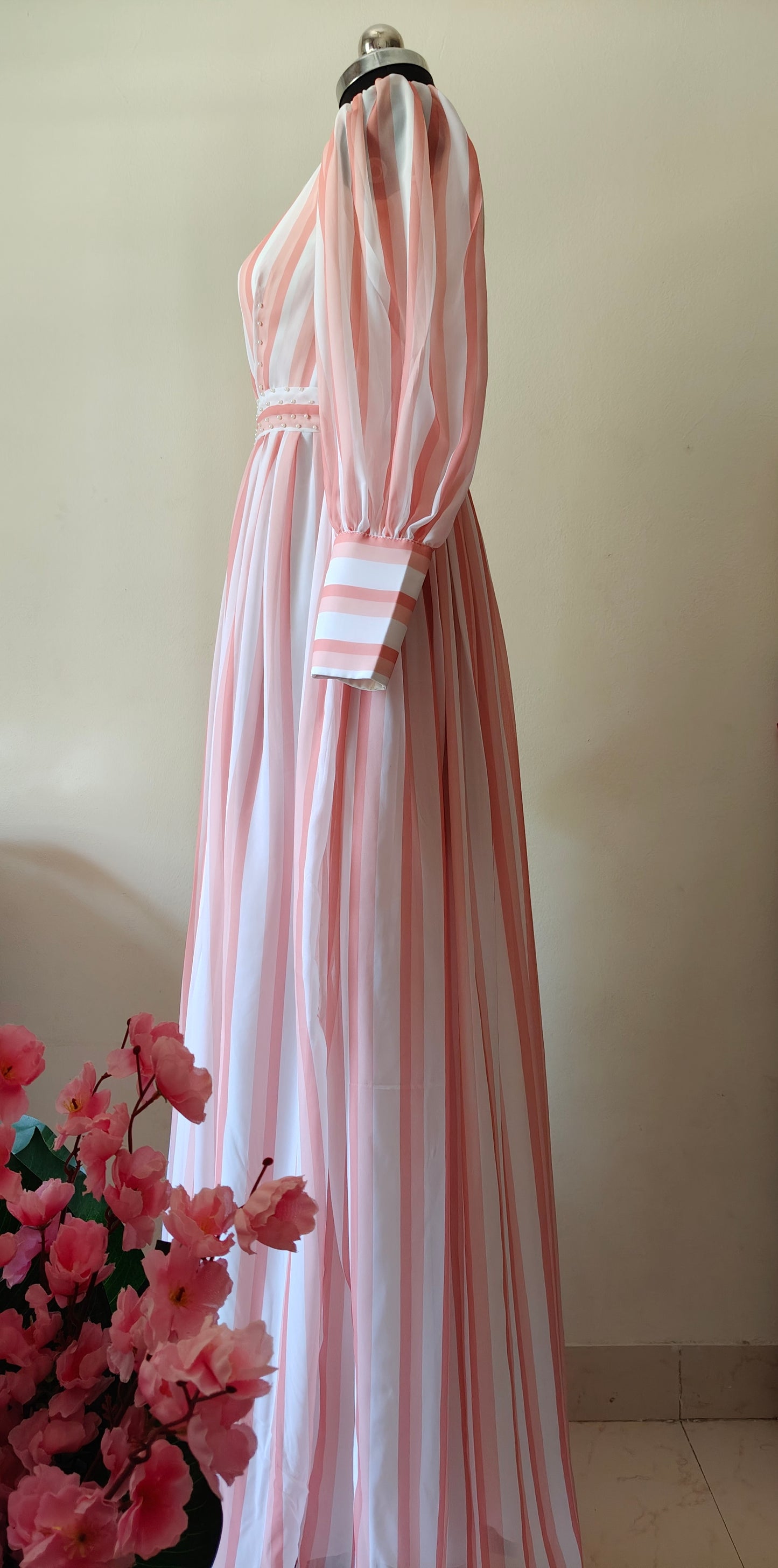 Peach and white striped dress - Long Sleeves - gown for women party wear | cocktail gowns | long party dresses for women