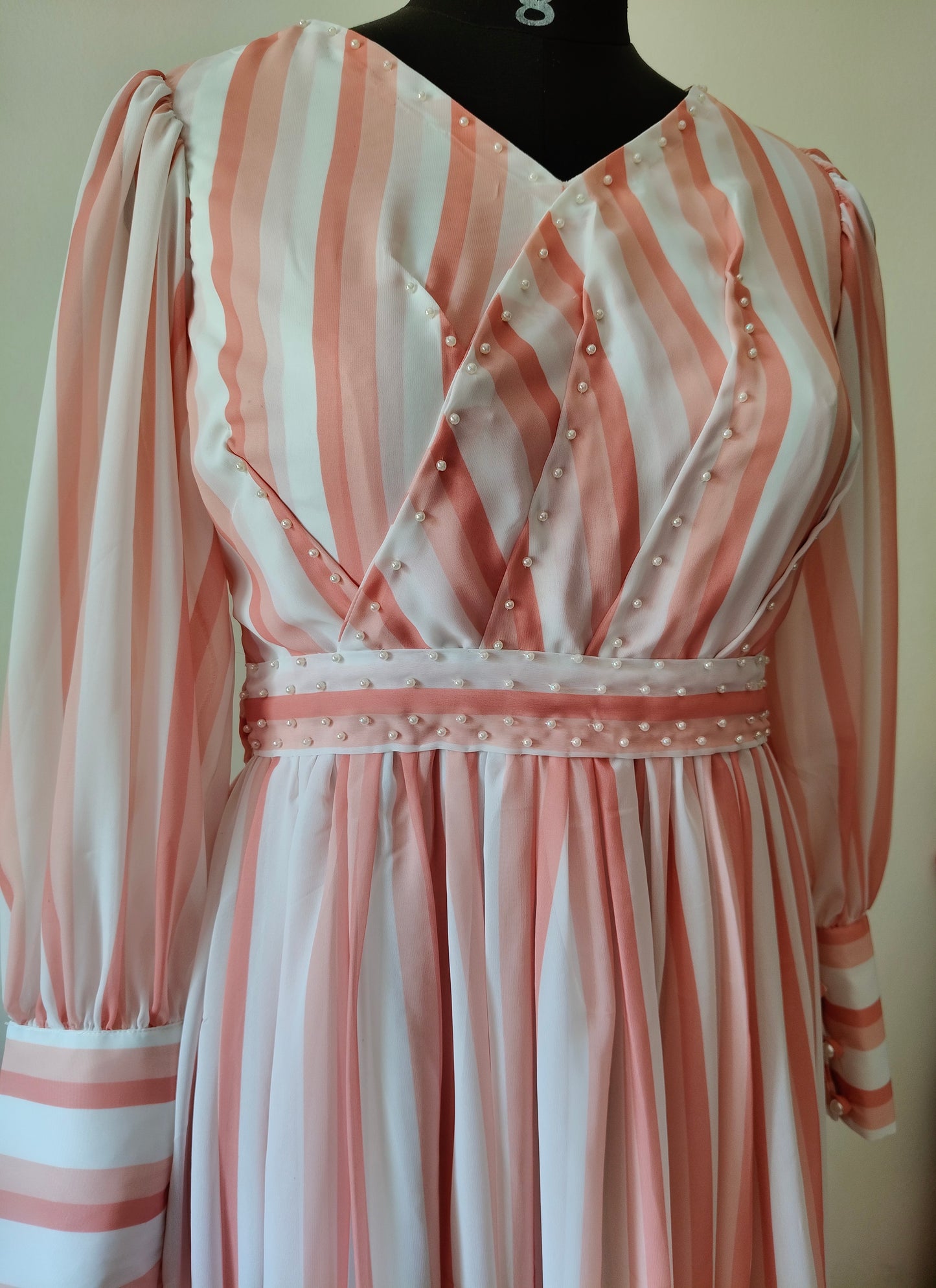 Pink and white striped dress - Long Sleeves - gown for women party wear | cocktail gowns | long party dresses for women