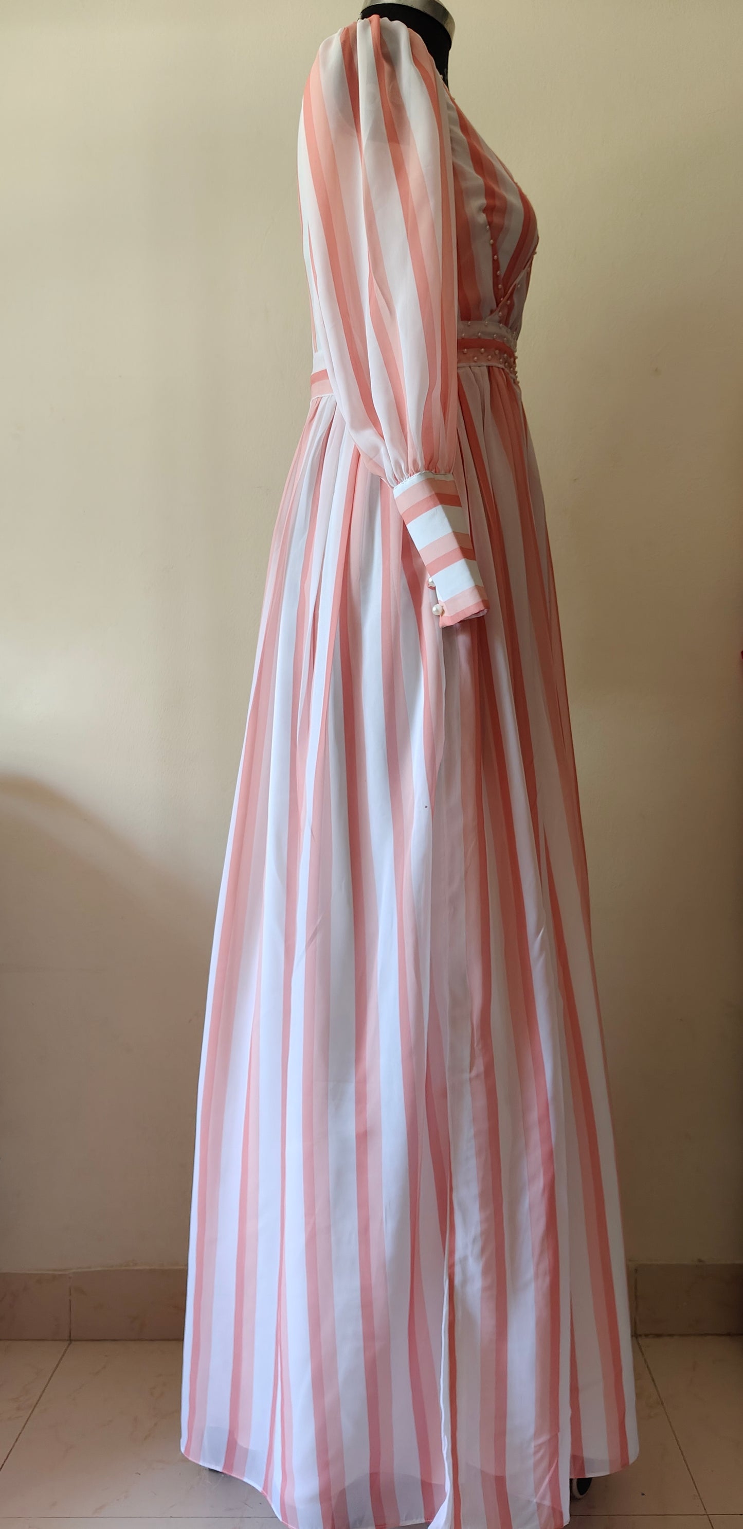 Pink and white striped dress- Long Sleeves - gown for women party wear | cocktail gowns | long party dresses for women