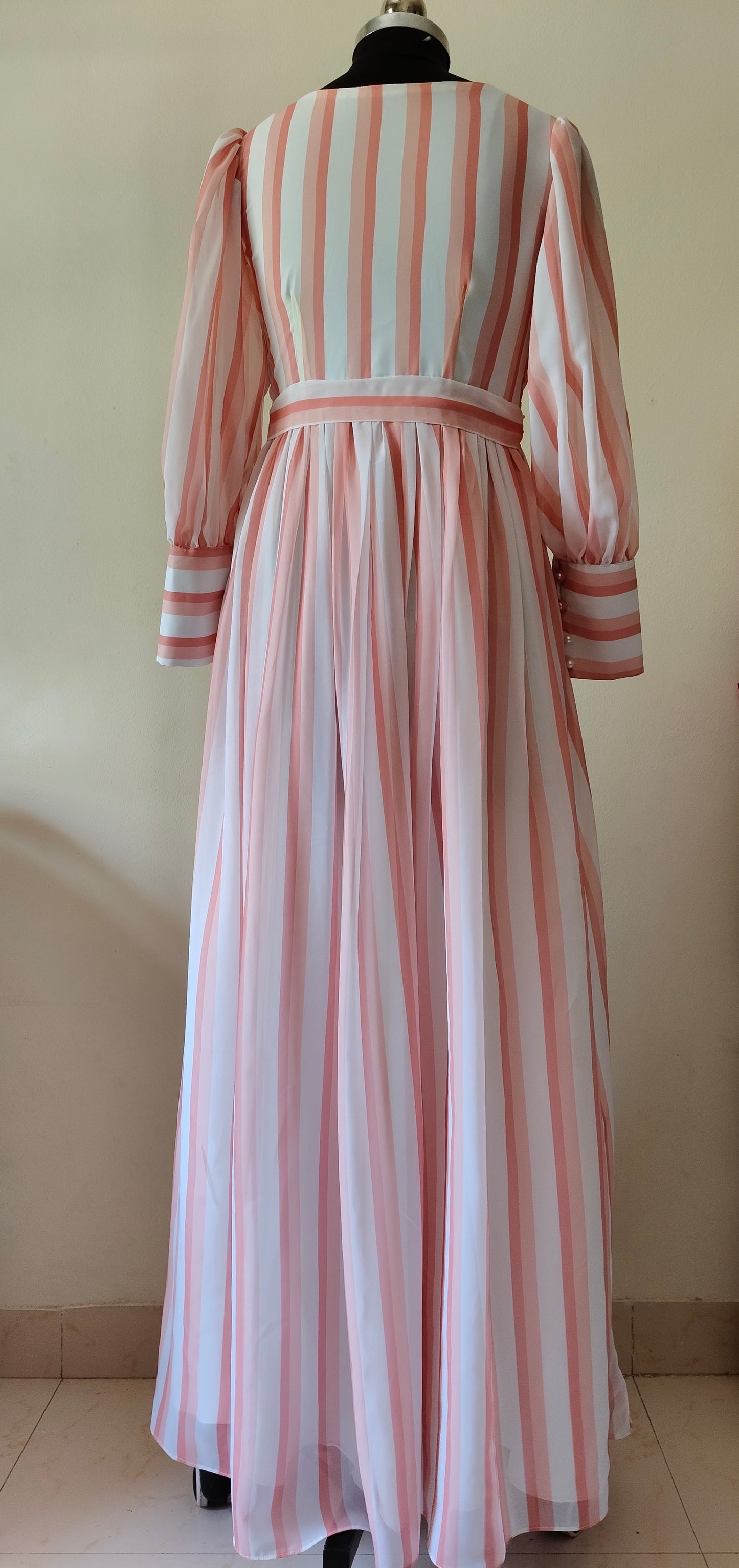 Pink and white striped dress - Long Sleeves - gown for women party wear | cocktail gowns | long party dresses for women
