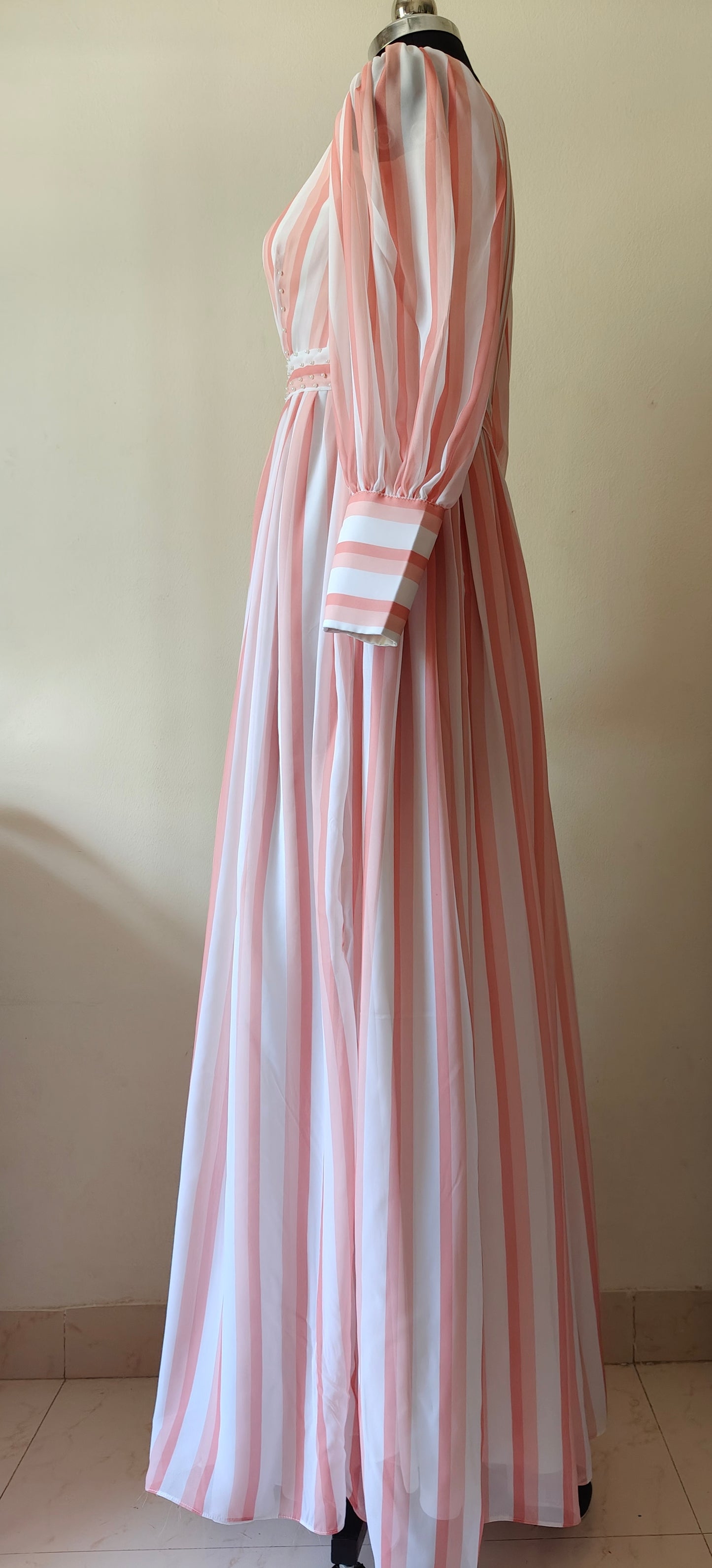Long pink and white striped dress - Long Sleeves - gown for women party wear | cocktail gowns | long party dresses for women