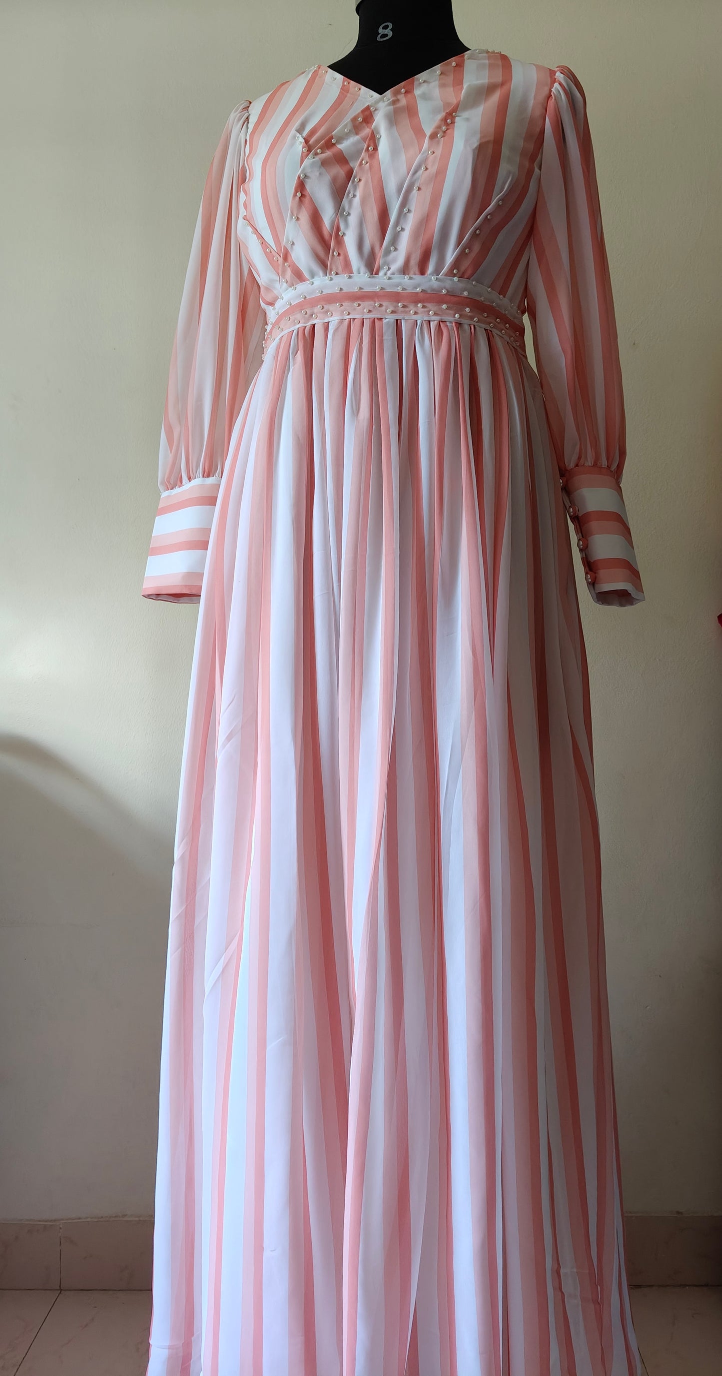 Pink and white striped dress - Long Sleeves - gown for women party wear | cocktail gowns | long party dresses for women