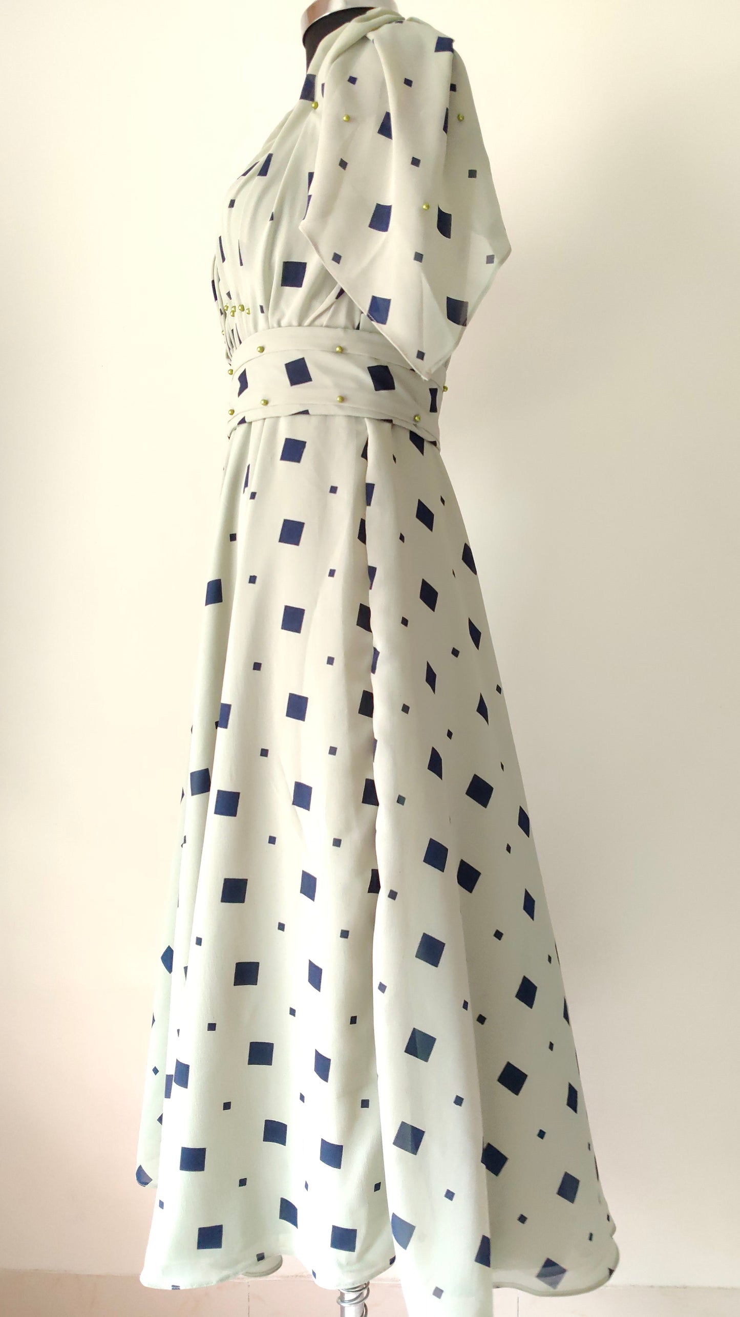 Green - grey dress with blue square pattern - Short Sleeves - Women's gowns | gown for women party wear