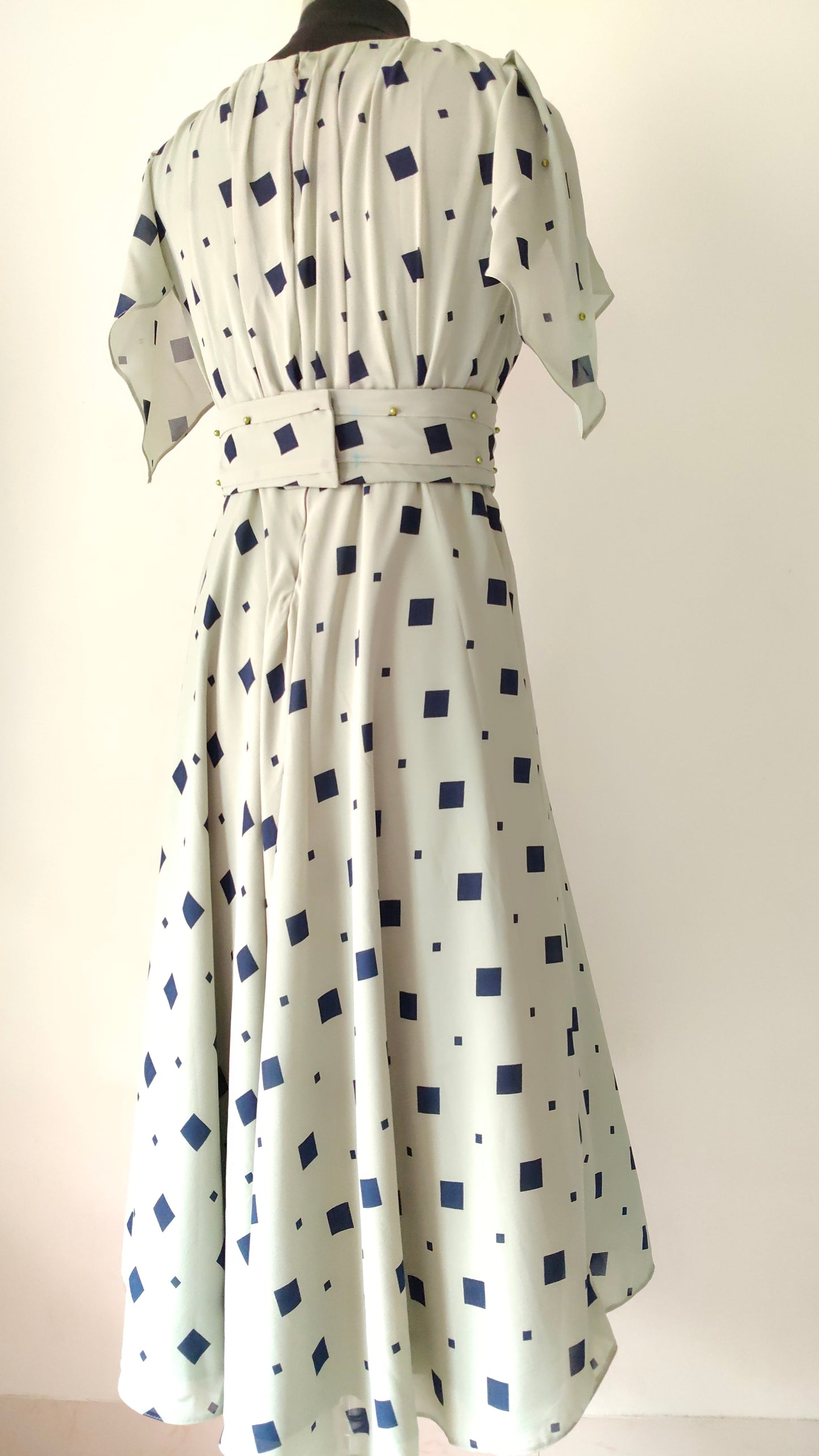 Green-grey dress with blue square pattern - Short Sleeves - Women's gowns | gown for women party wear