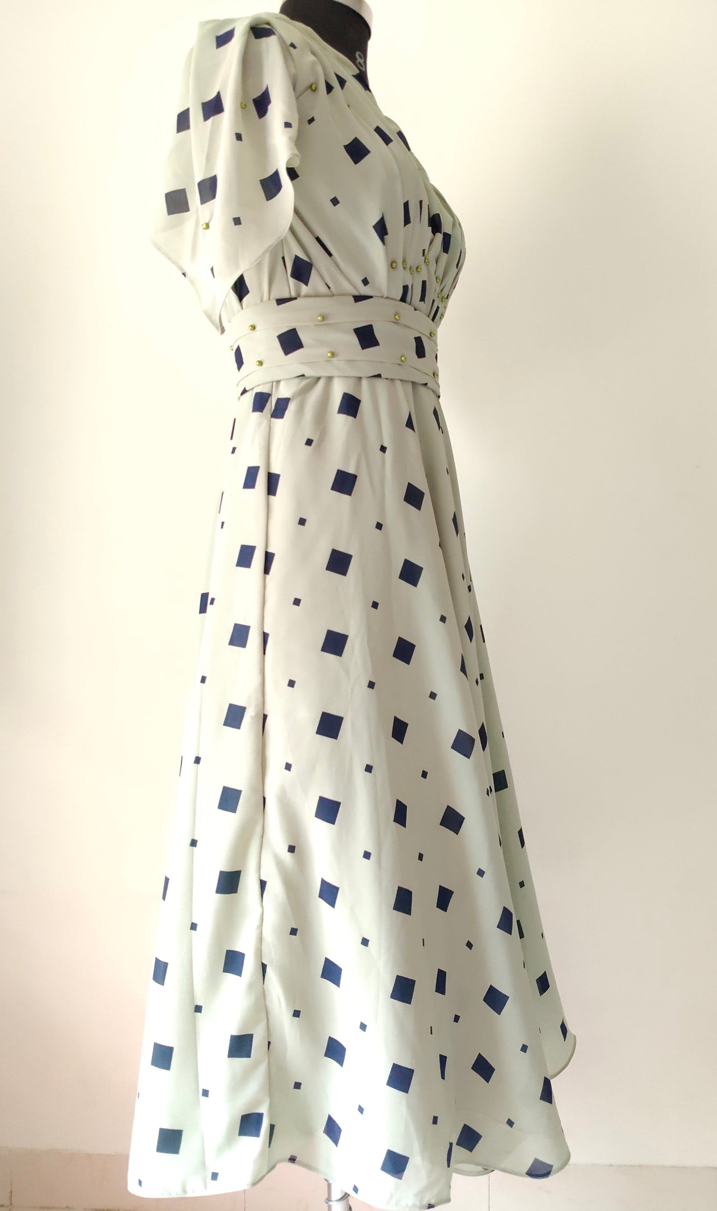 Green-grey dress with blue square pattern - Short Sleeves - Women's gowns | gown for women party wear