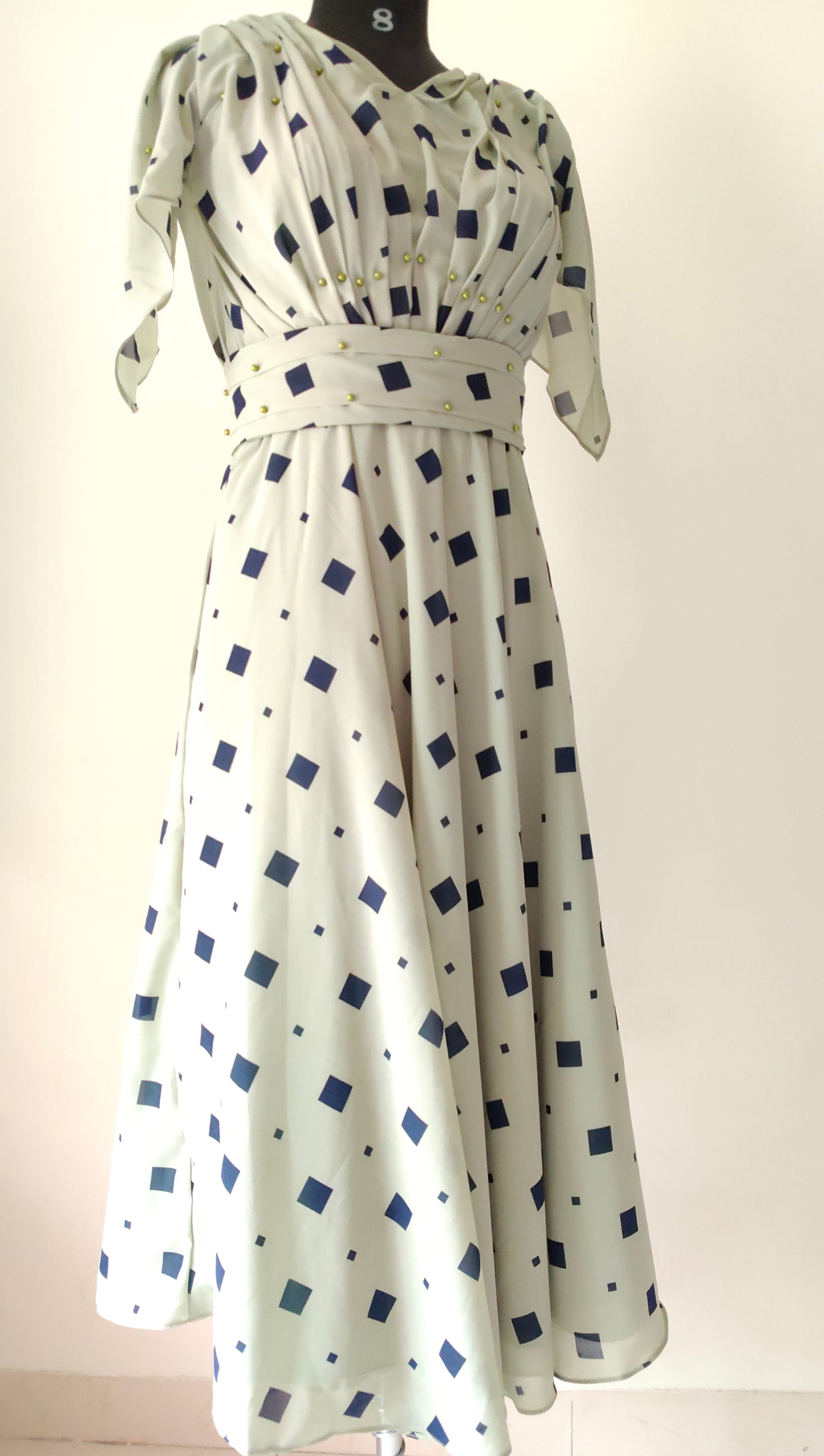 Green-grey dress with blue square pattern Short Sleeves - Women's gowns | gown for women party wear