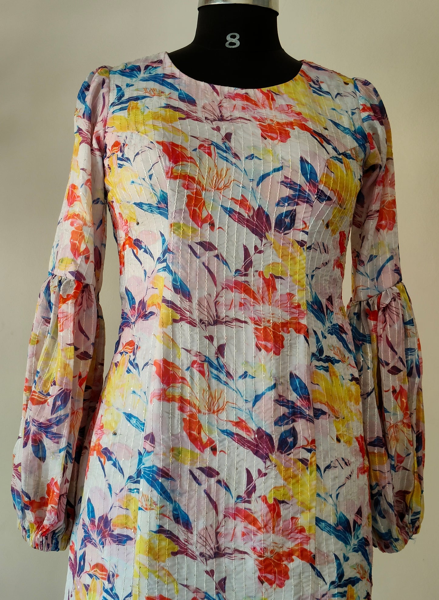 Floral Printed White Net Gown with Puffy Sleeves – Size M