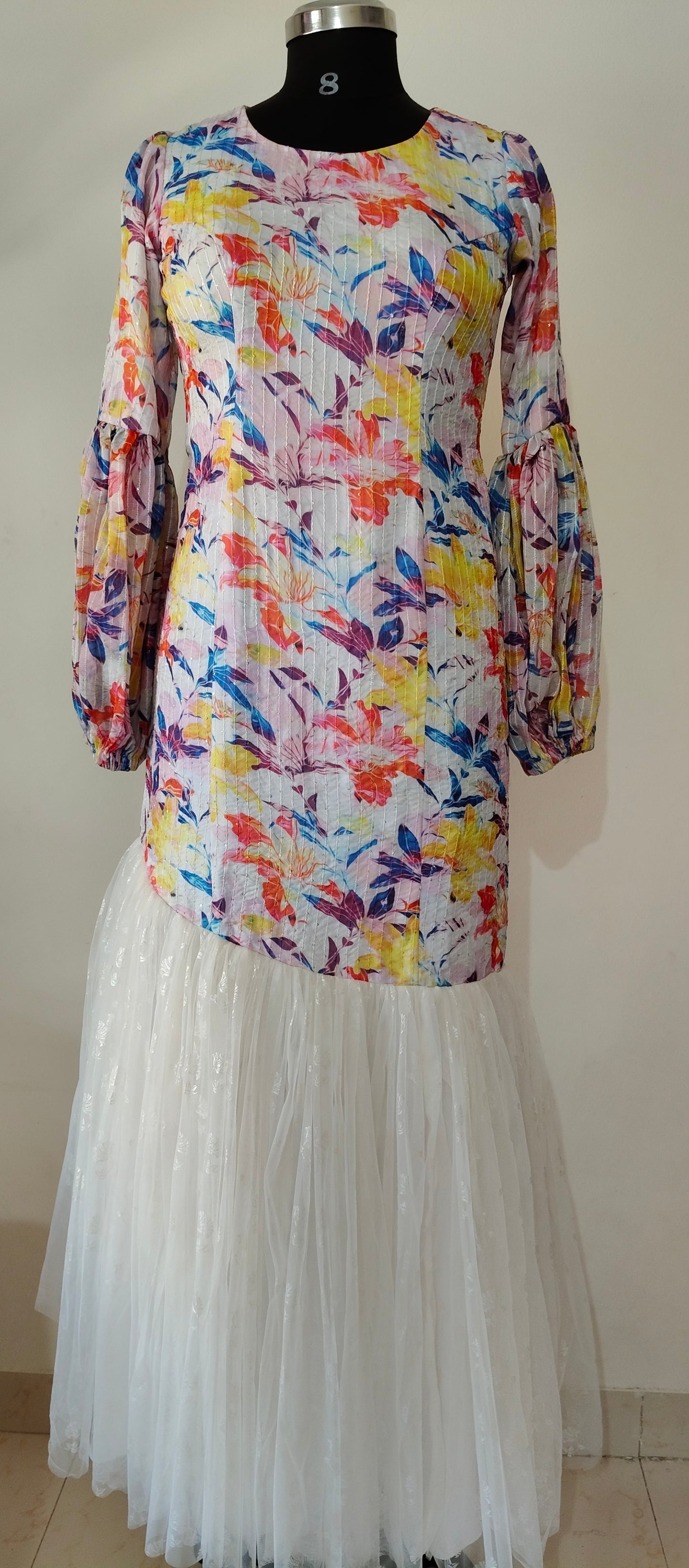 Floral Printed White Net Gown with Puffy Sleeves – Size M