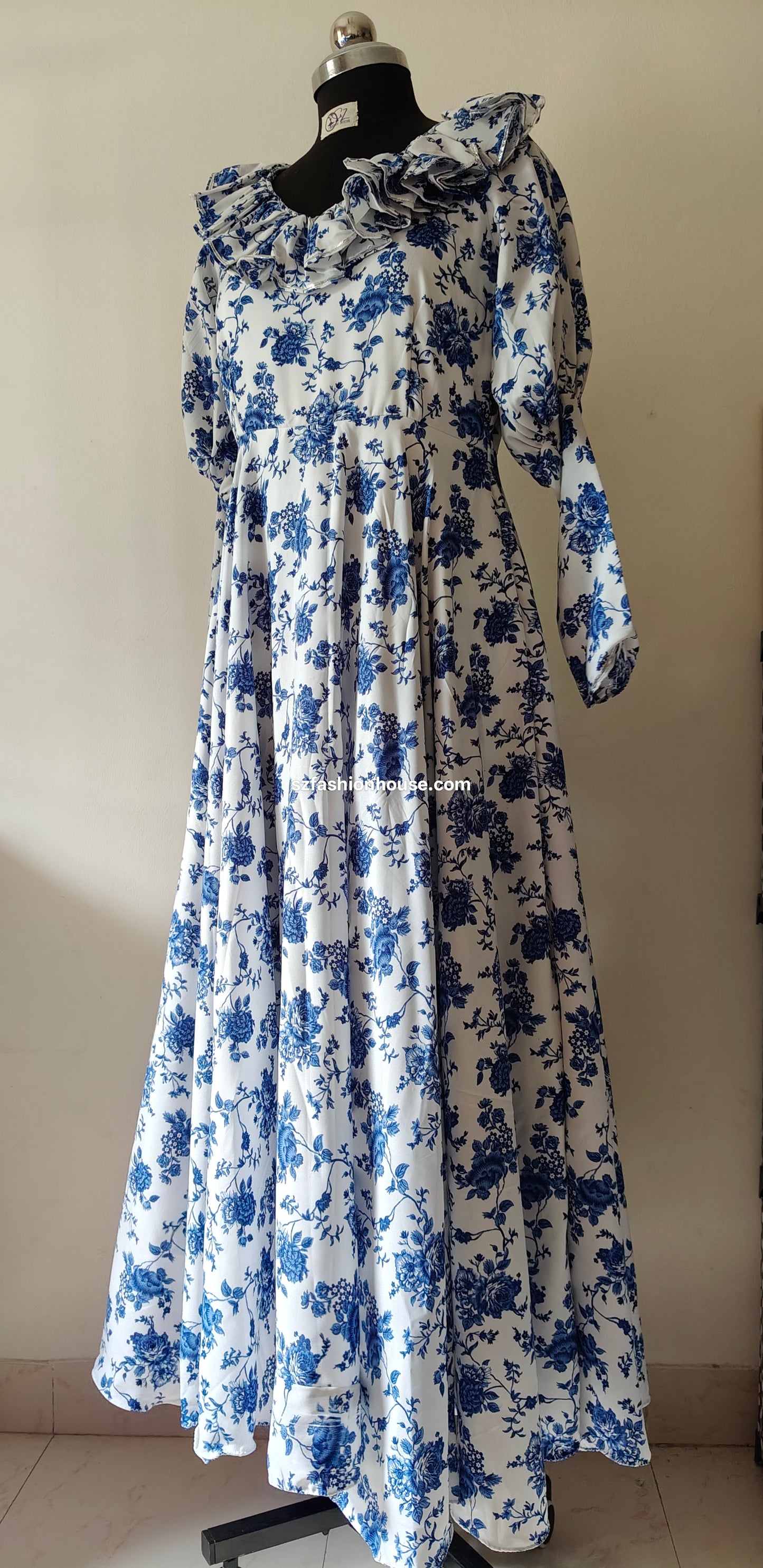 Blue Floral Ruffle Gown – Vintage White Elegance | One of a Kind