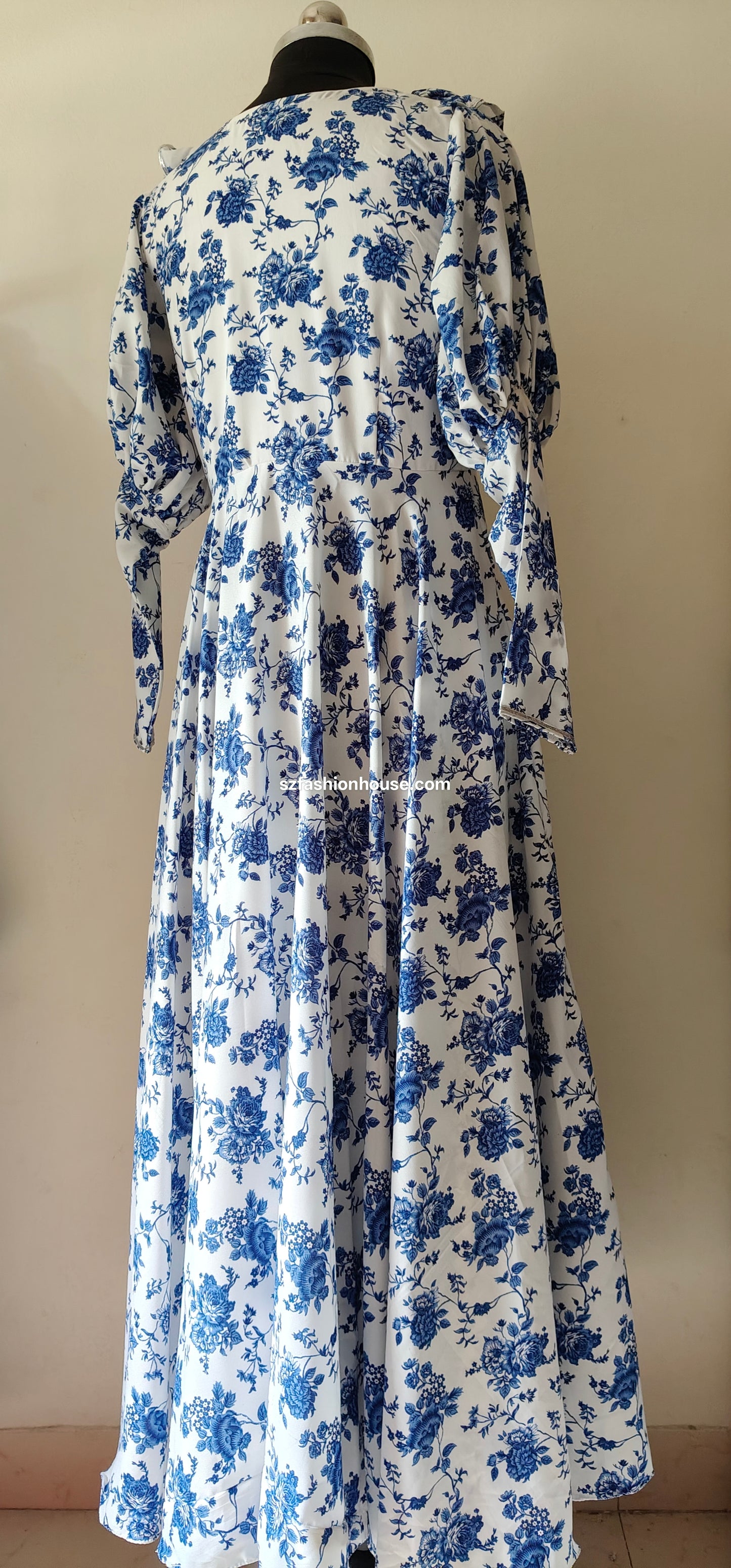 Blue Floral Ruffle Gown – Vintage White Elegance | One of a Kind
