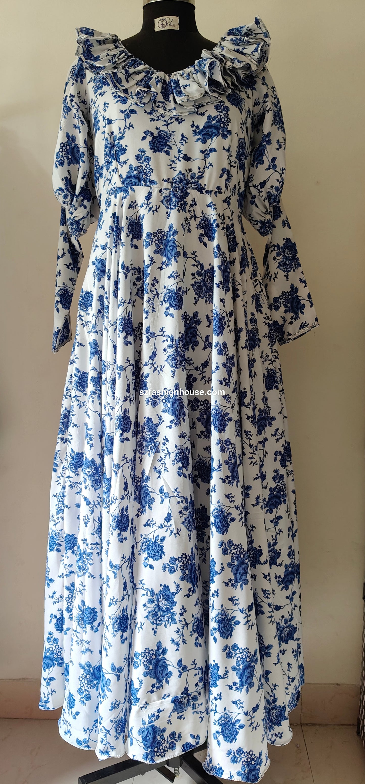 Blue Floral Ruffle Gown – Vintage White Elegance | One of a Kind