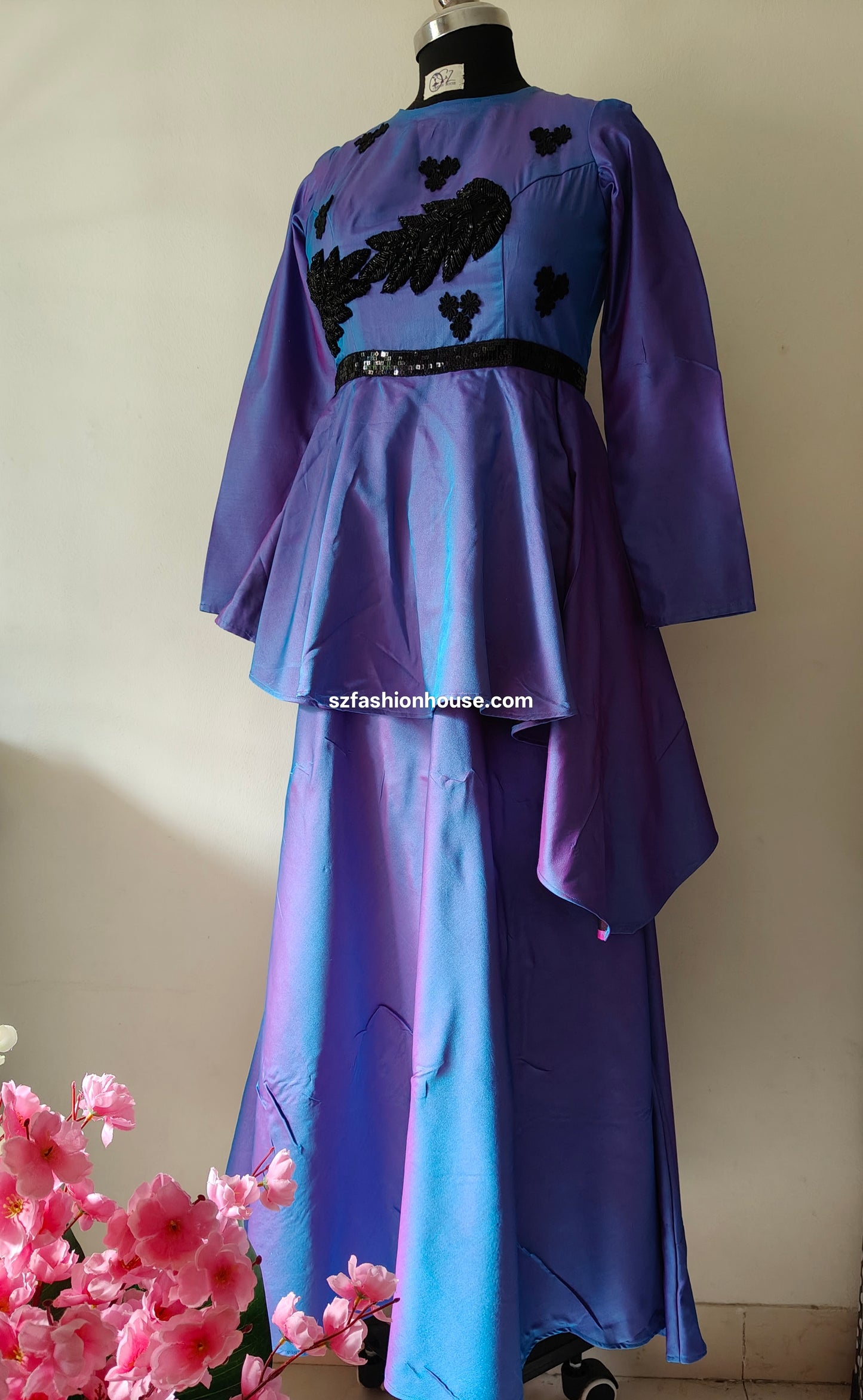 Purple dress with black embroidery - Long Sleeves - gown for women party wear | cocktail gowns | long party dresses for women