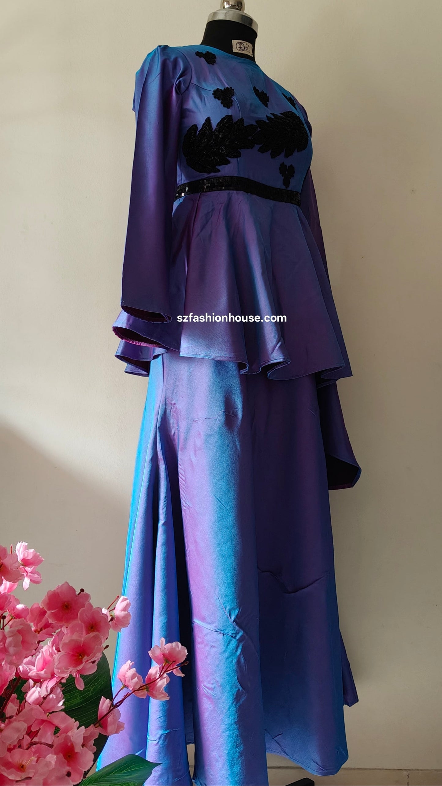Blue dress with black accents - Long Sleeves - gown for women party wear | cocktail gowns | long party dresses for women