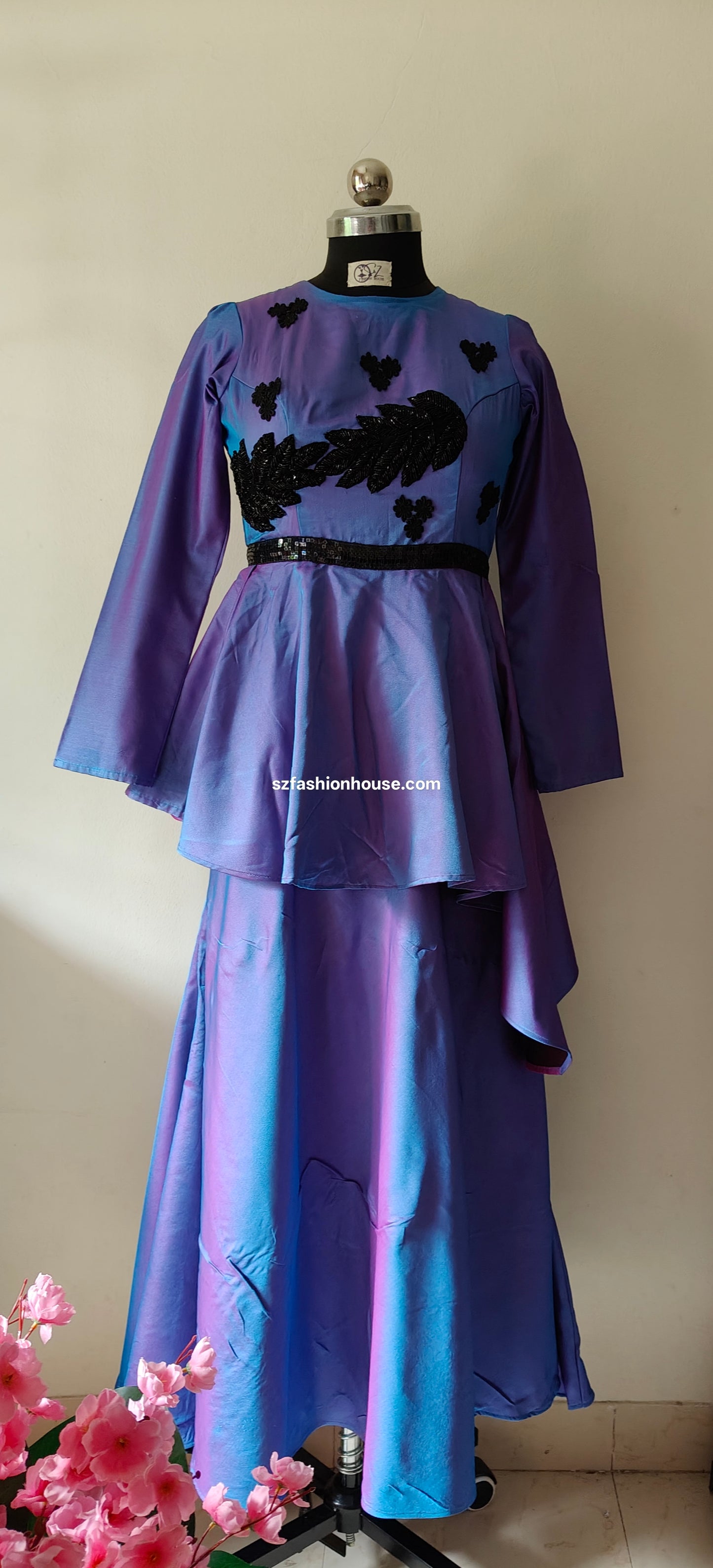 Purple dress with black heart designs - Long Sleeves - gown for women party wear | cocktail gowns | long party dresses for women
