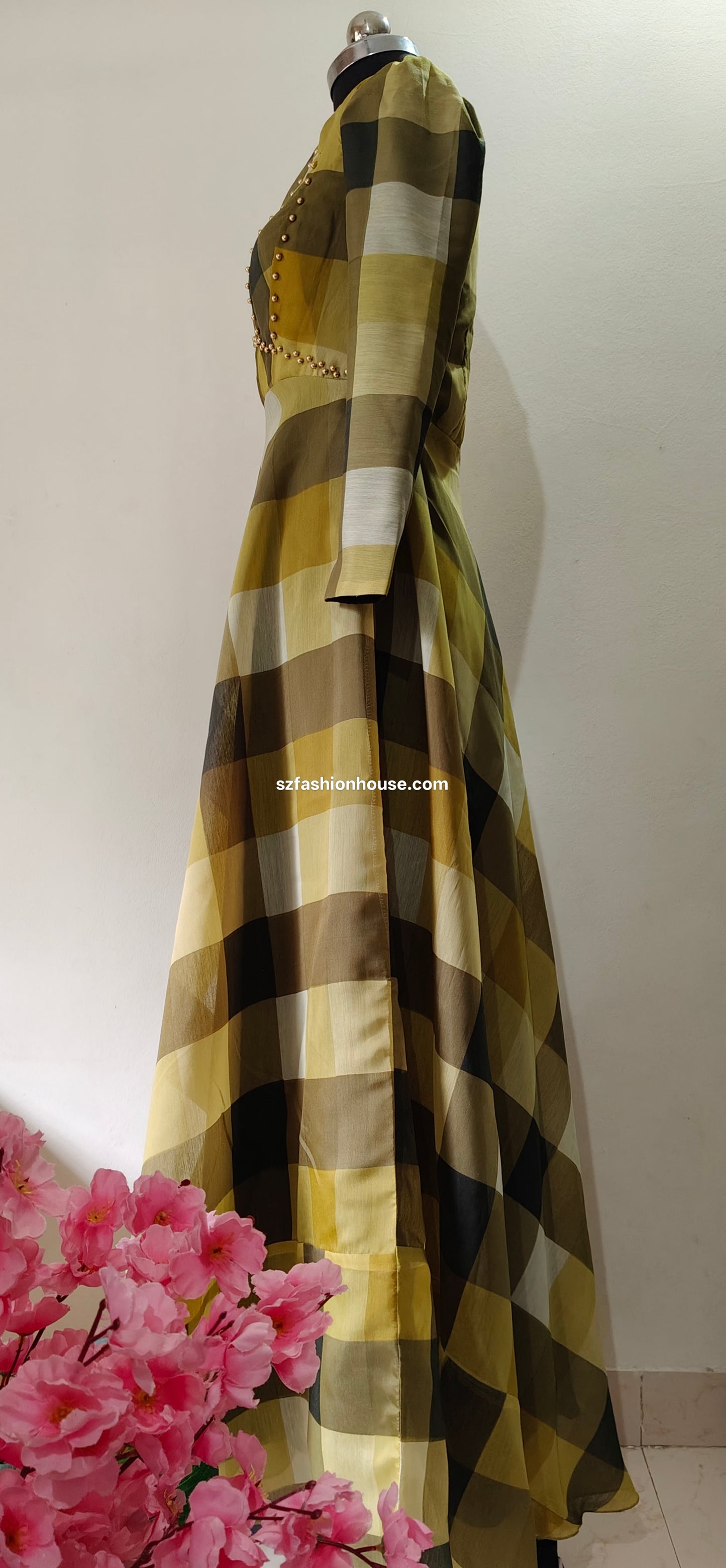 Olive Checkered Beaded Gown