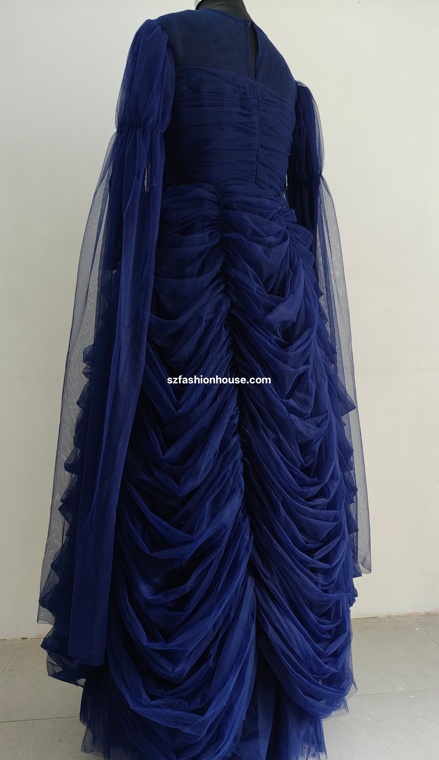Blue evening gown with ruched details - Long Sleeves - gown for women party wear | cocktail gowns | long party dresses for women