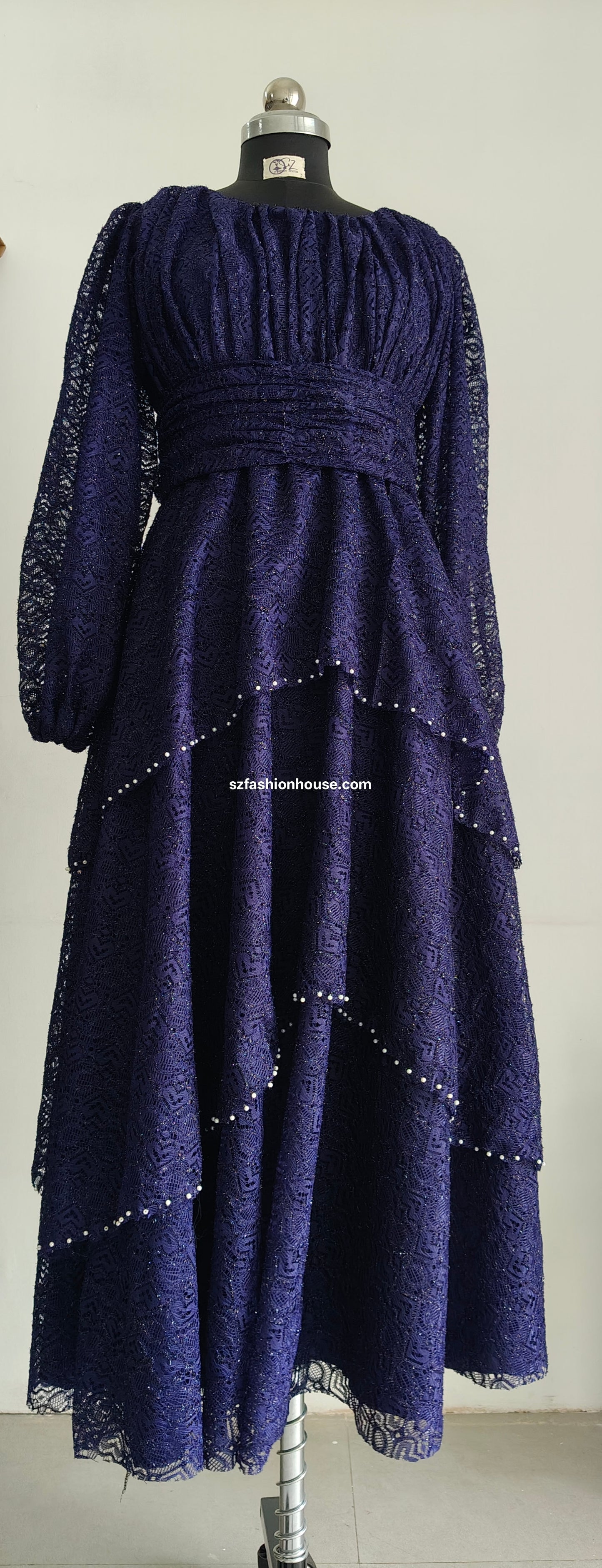 Navy blue dress with lace details - Long Sleeves - gown for women party wear | cocktail gowns | long party dresses for women