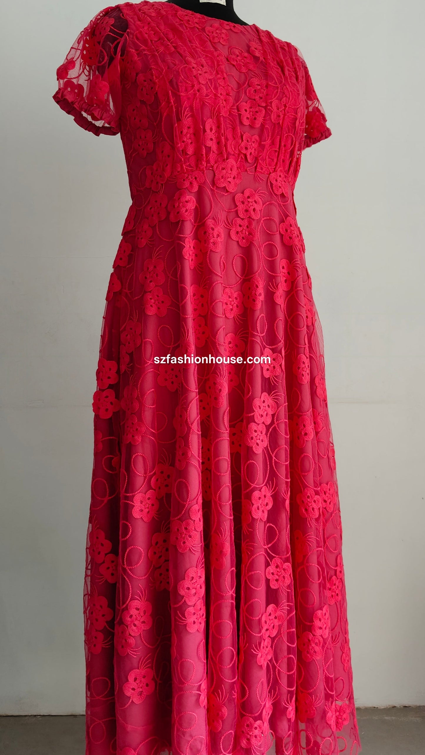 Red lace dress - Short Sleeves - Women's gowns | gown for women party wear