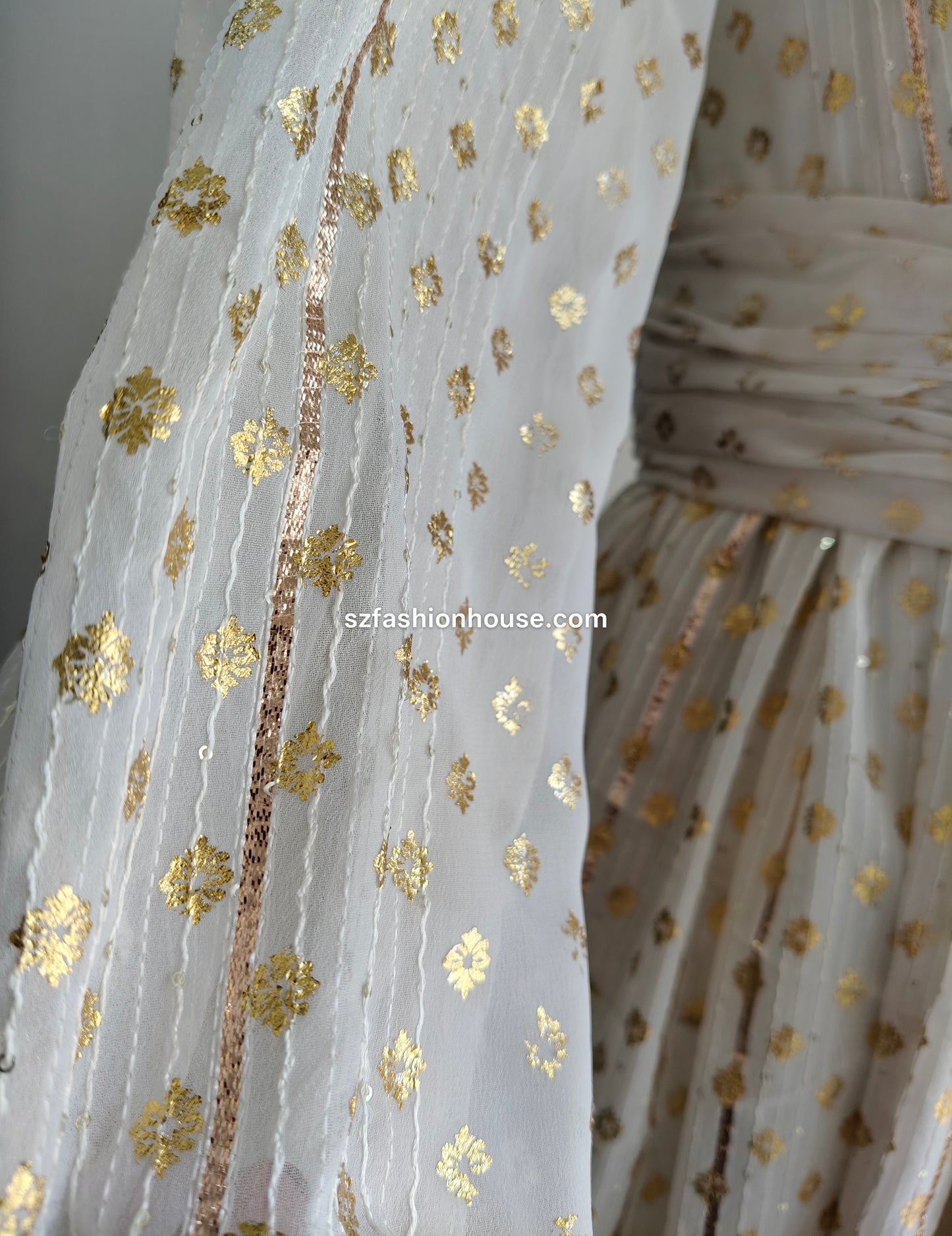 White fabric with gold floral patterns - gown for women party wear | cocktail gowns | long party dresses for women