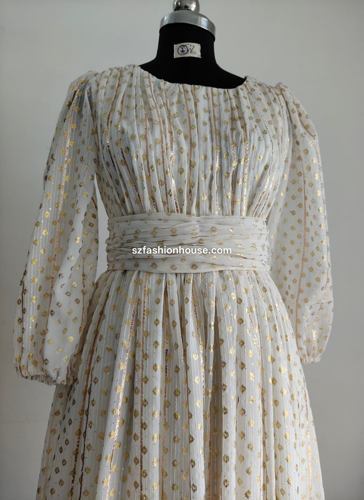 White dress with gold floral pattern - Long-Sleeves - gown for women party wear | cocktail gowns | long party dresses for women