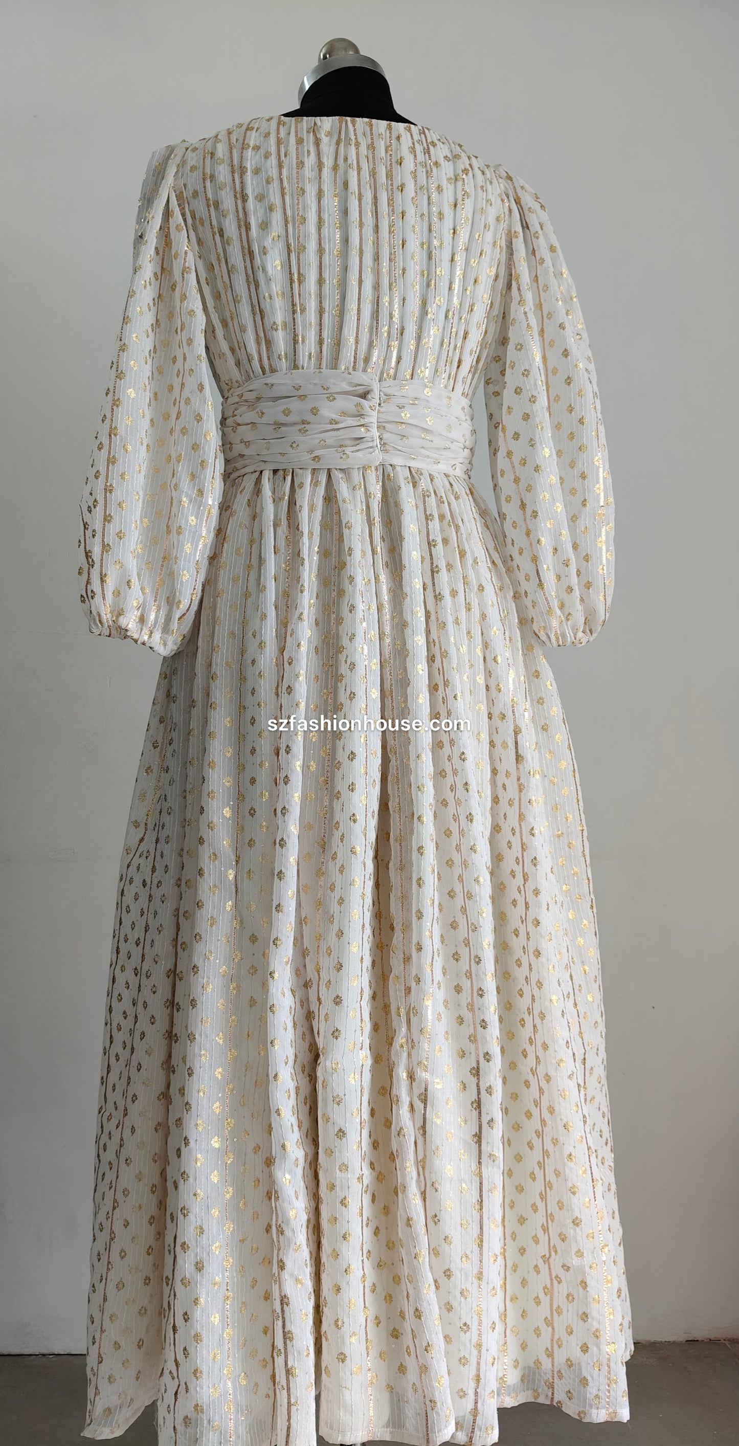 Long, light-colored dress with a belt - Long-Sleeves - gown for women party wear | cocktail gowns | long party dresses for women