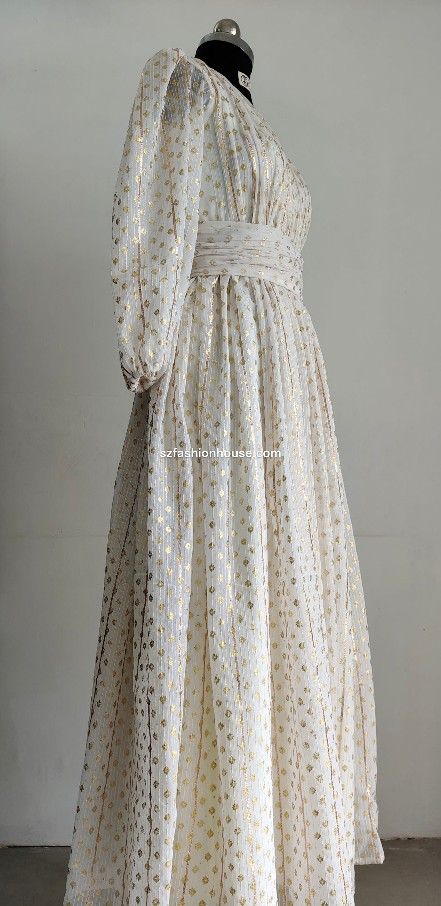 Long, light-colored dress with a subtle pattern - Long-Sleeves - gown for women party wear | cocktail gowns | long party dresses for women