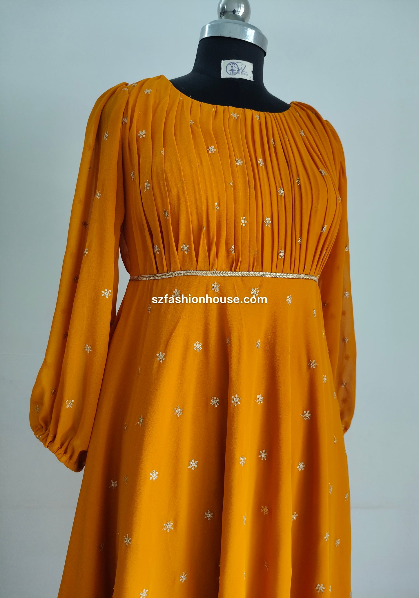 Mustard yellow dress with floral patterns - Long-Sleeves - gown for women party wear | cocktail gowns | long party dresses for women