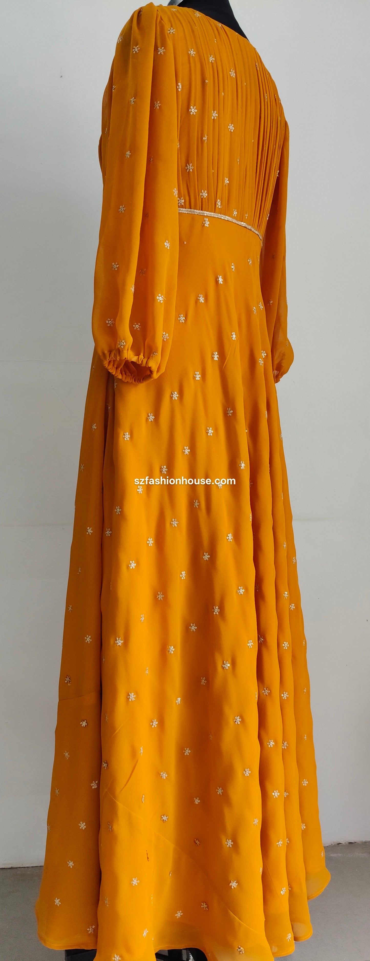 Mustard yellow dress with white patterns - Long-Sleeves - gown for women party wear | cocktail gowns | long party dresses for women
