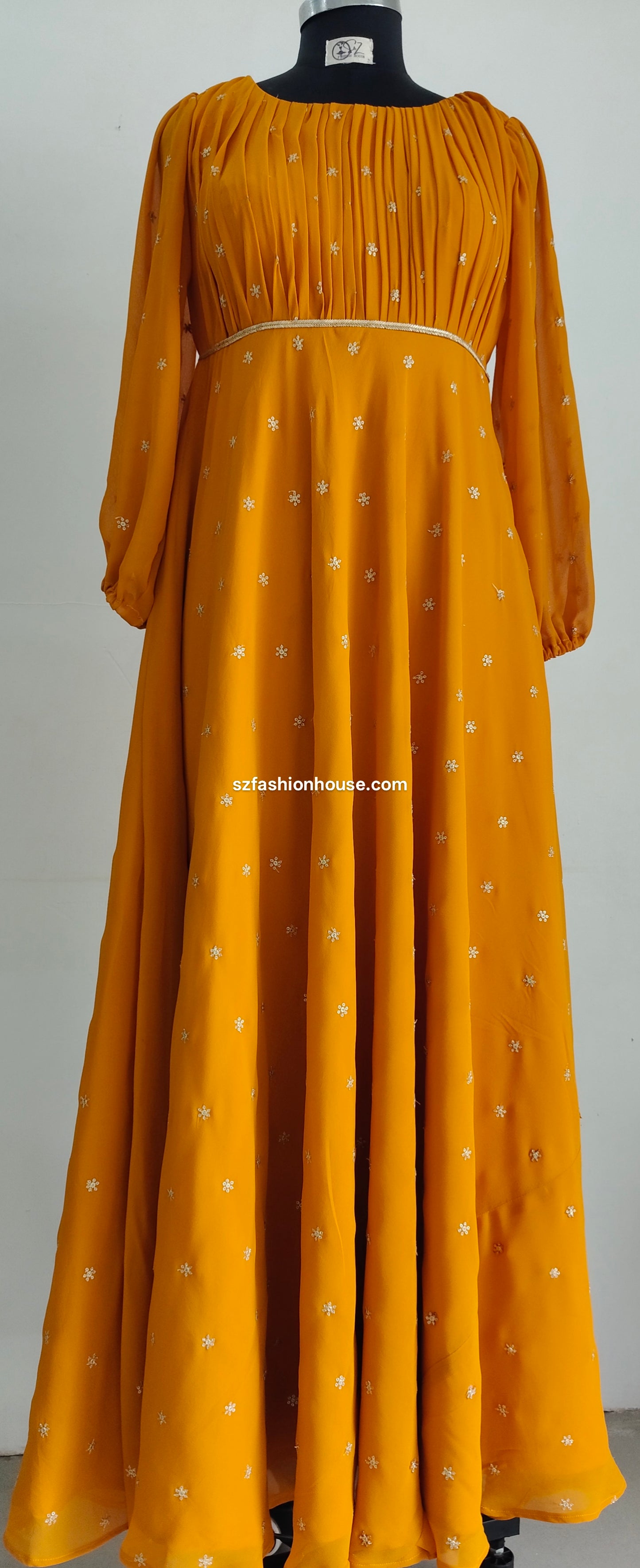 Mustard yellow dress with white patterns - Long-Sleeves - gown for women party wear | cocktail gowns | long party dresses for women