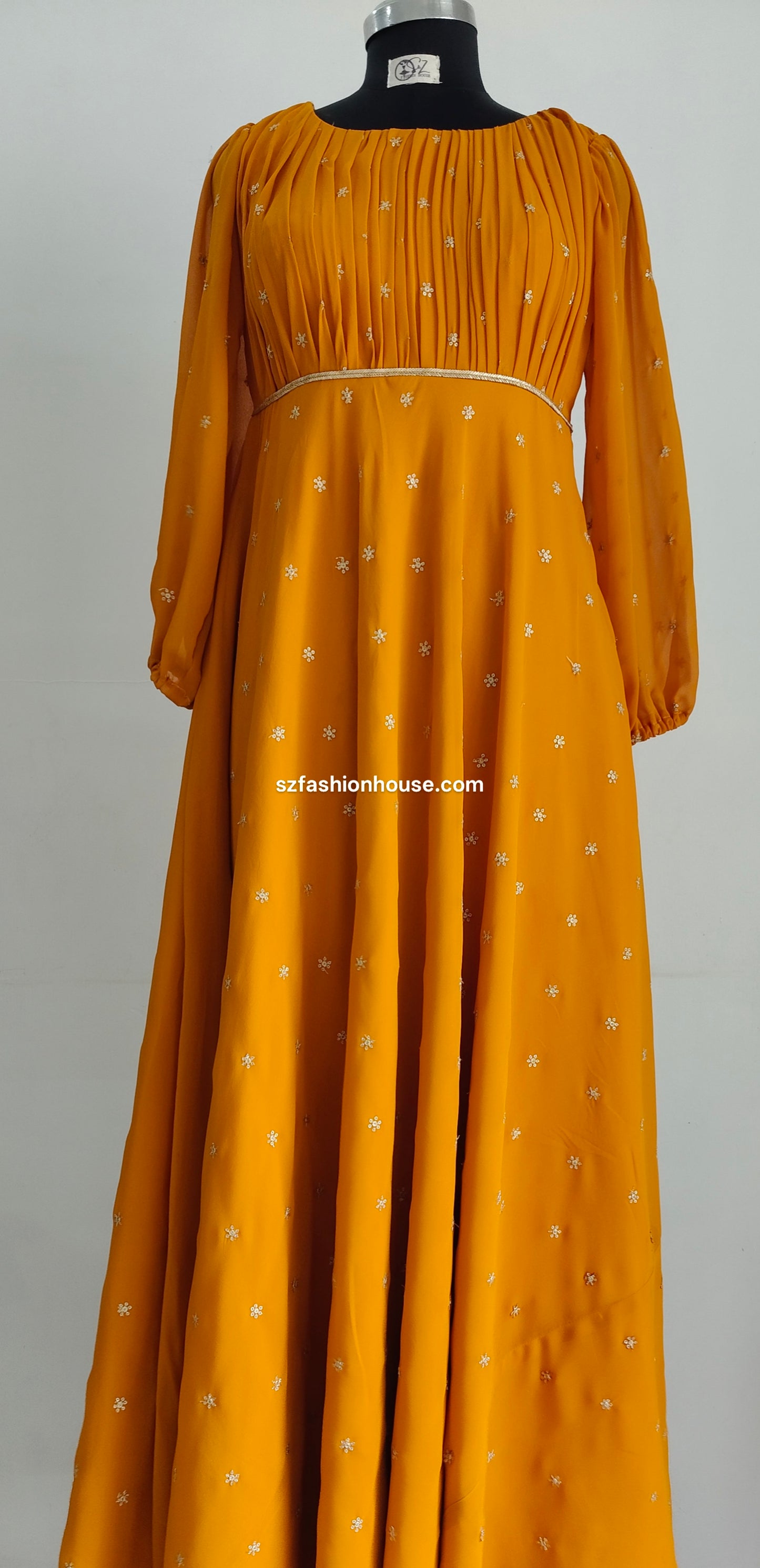 Mustard yellow dress with white patterns - Long-Sleeves - gown for women party wear | cocktail gowns | long party dresses for women