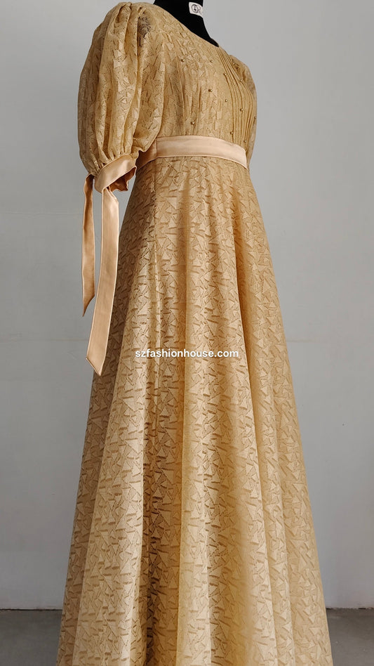 Gold dress with a bow - long gown for women | party wear gown
