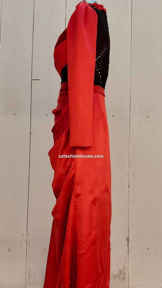 Red evening gown with black accents