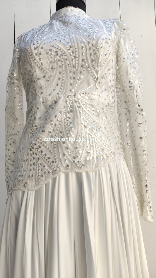 Elegant white dress with intricate beading , sequeince work, chinese collar