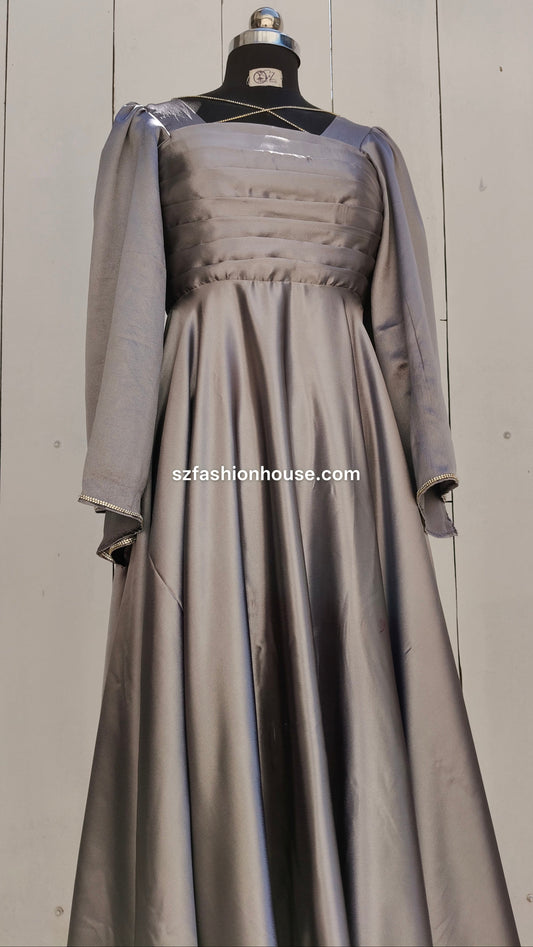 grey satin gown, designer grey gown, elegant party wear gown, satin flare gown, evening gown for women, long designer dress India, luxury satin gown, S&Z Fashion House gown, formal wear gown for women