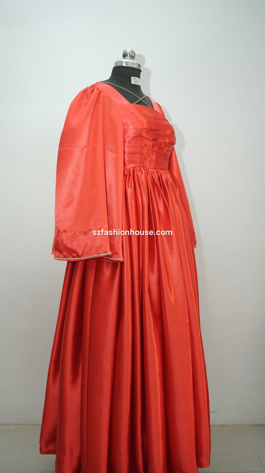 red designer gown, red satin gown, party wear gown for women, elegant red evening gown, luxury satin dress, designer gown online India, reception wear gown, engagement party dress, wedding guest gown, modest designer gown, flared satin gown, long sleeve party wear dress, premium red gown, formal evening dress, S&Z Fashion House designer gown, women's luxury gown India, modest wear, modest fashion, modest
