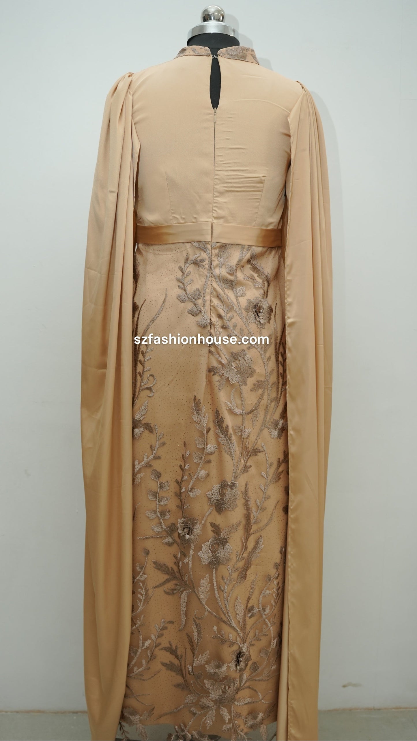 cream designer gown, embroidered cape gown, luxury evening gown, satin designer dress, formal gown for women, reception wear gown, engagement party dress, elegant cream gown, floral embroidered gown, wedding guest dress India, premium designer gown, modest luxury gown, cape sleeve gown, party wear gown for women, S&Z Fashion House gown, designer evening wear India,
modest wear, modest, modest collection, modest dress