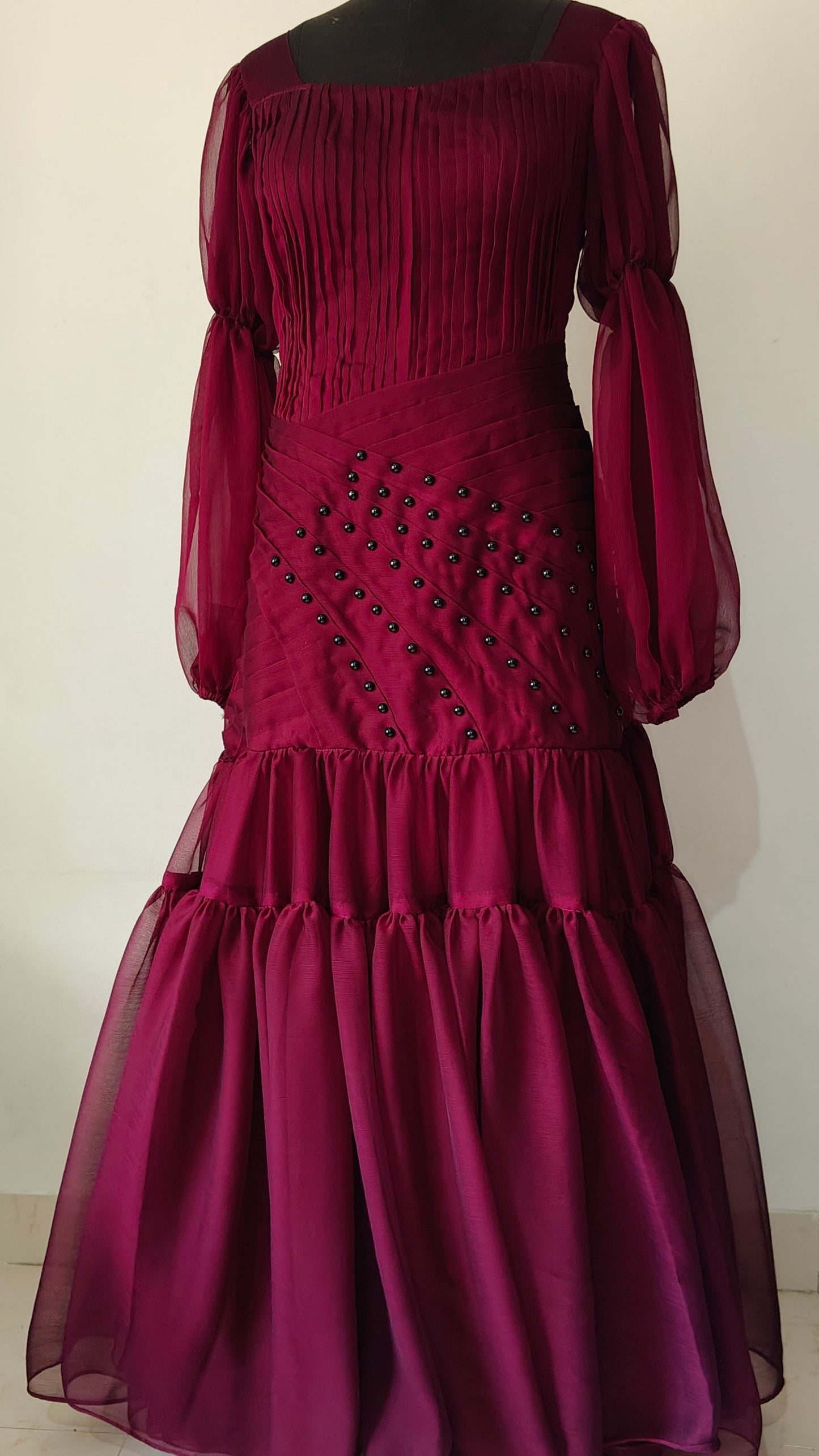 Wine Royalty Pleated Gown with Black Pearl Detailing – Size M